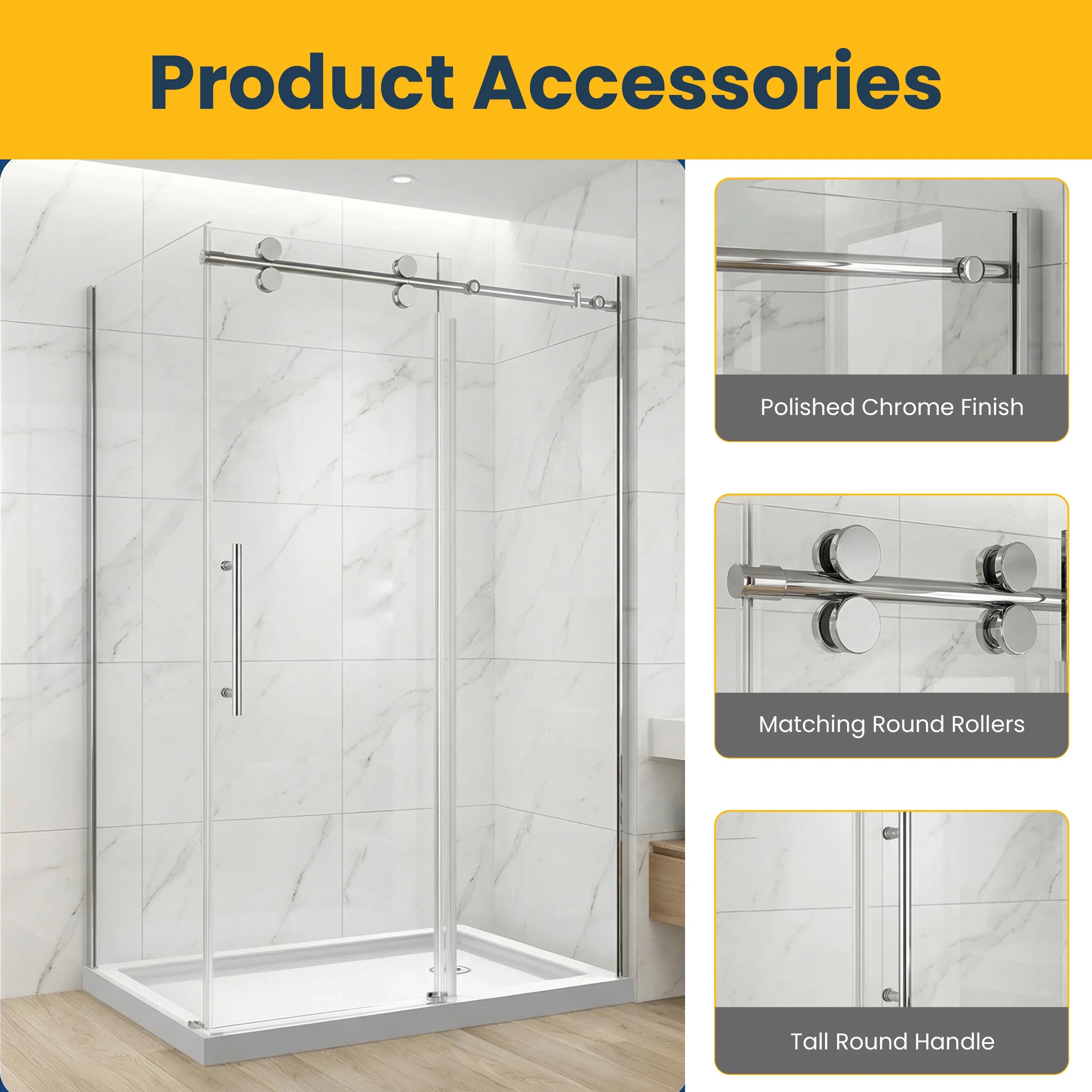 48" x 32" x 75" Reversible Sliding Shower Door with Chrome Hardware – 10mm Tempered Glass Corner Setup