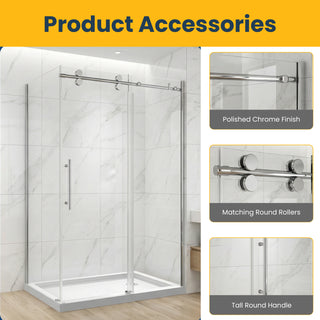Porte de douche coulissante réversible chromée 48 po x 32 po x 75 po - Verre 10 mm, installation sur deux murs avec panneau latéral de 32 po.