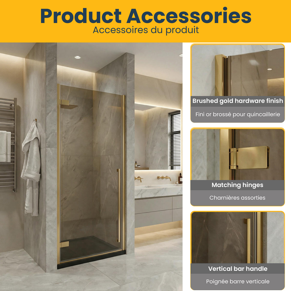 29,9po–30,3po L (largeur ajustable) x 79po H Porte de douche pivotante réversible sans cadre en or brossé avec verre brun et base noire 32po