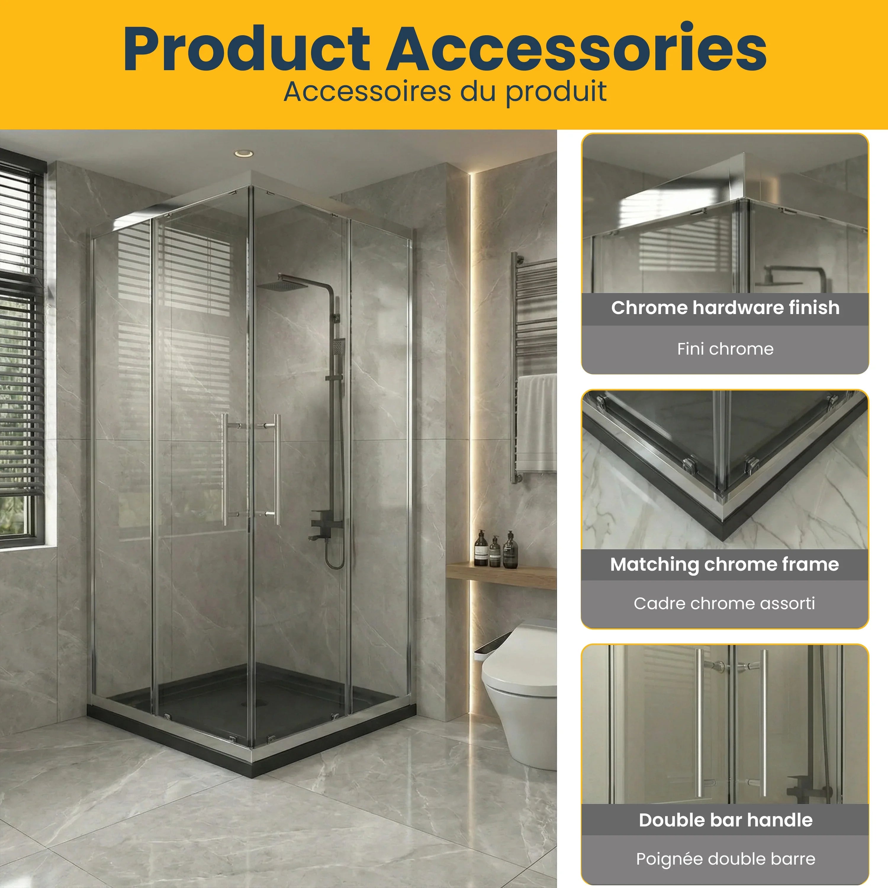 Porte de Douche Coin Coulissante Chrome 36po x 36po avec Base Acrylique Noire Brillante