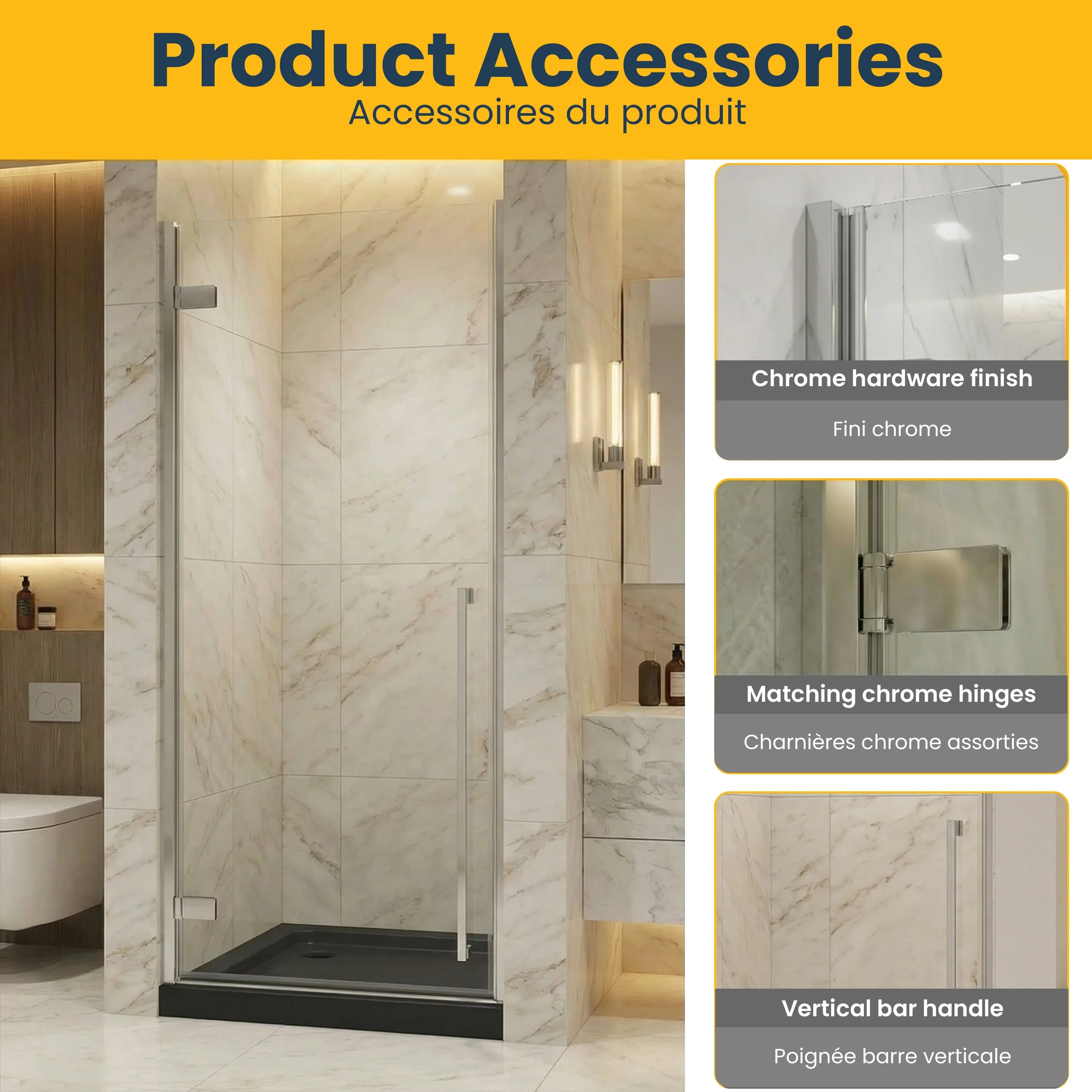 29.9"–30.3" x 79" Reversible Chrome Pivot Shower Door with 32" Glossy Black Acrylic Shower Base
