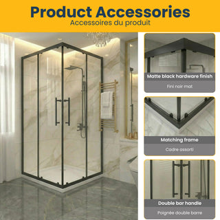 36" x 36" x 79" Reversible Corner Sliding Shower Door in Matte Black with Clear Glass and 36" x 36" Glossy White Acrylic Shower Base with Corner Drain