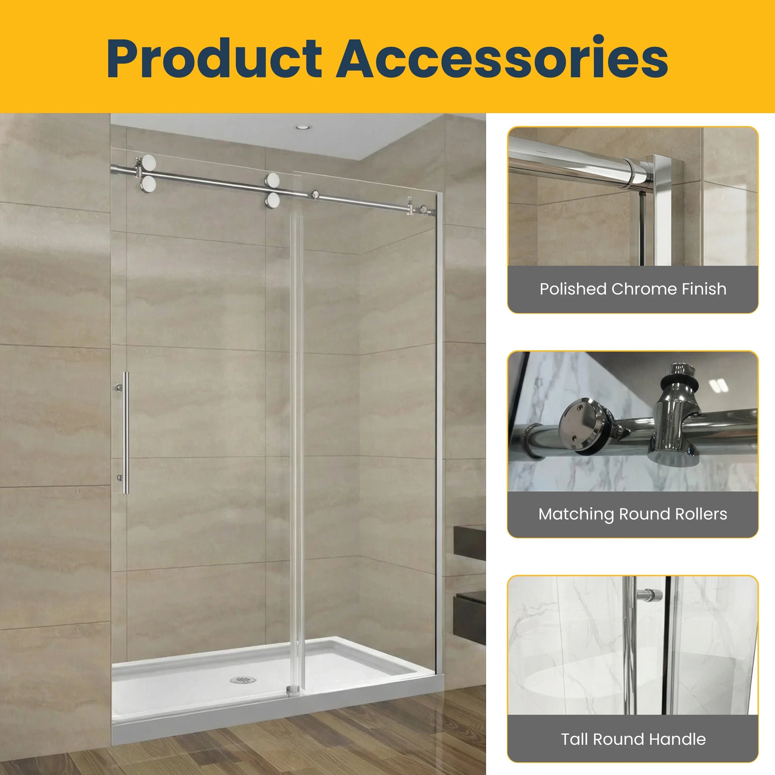 Porte de douche coulissante réversible alcôve 60po x 75po - Quincaillerie ronde chromée, verre 10mm