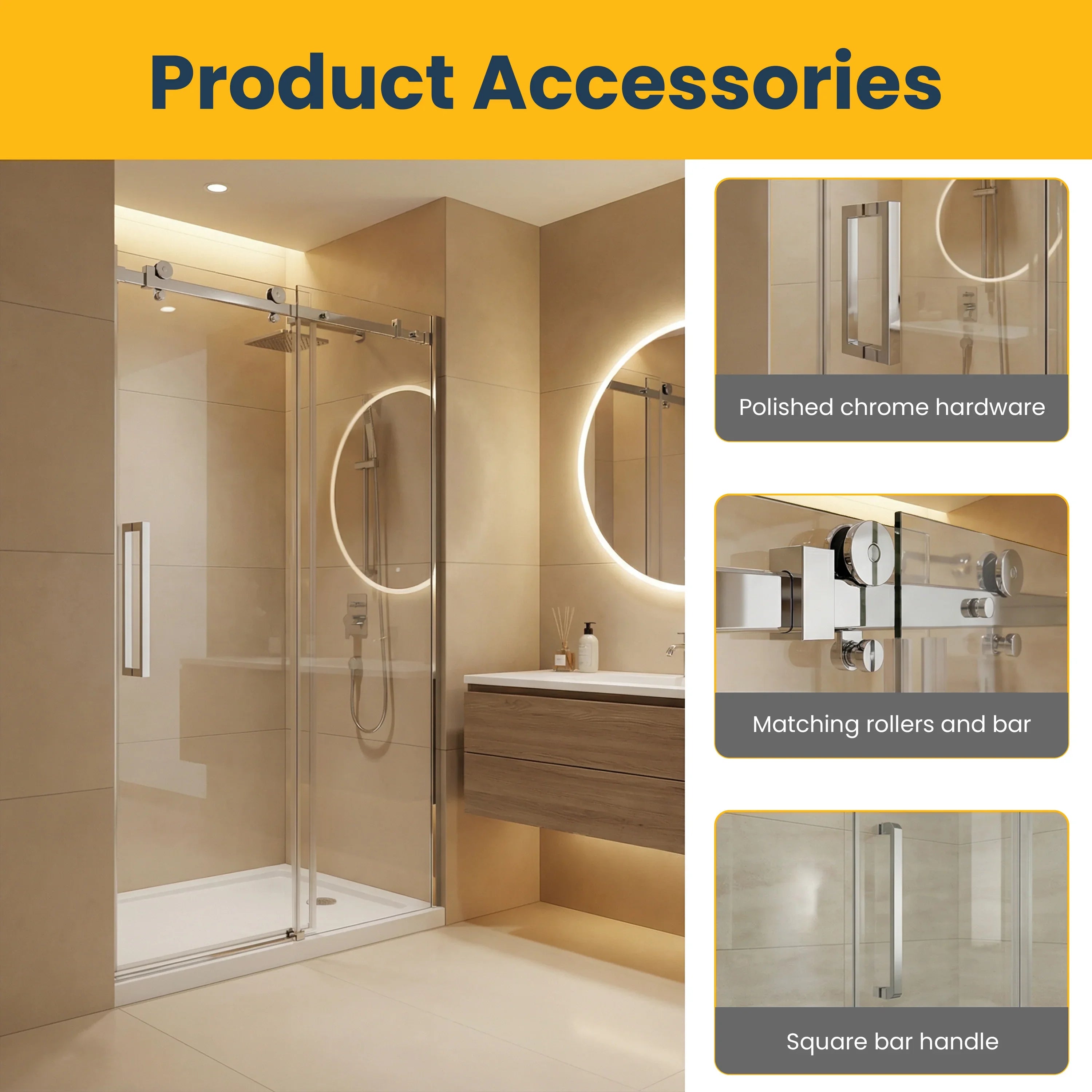 48" x 75" Alcove Reversible Sliding Shower Door with Square Chrome Hardware - 10mm Tempered Glass