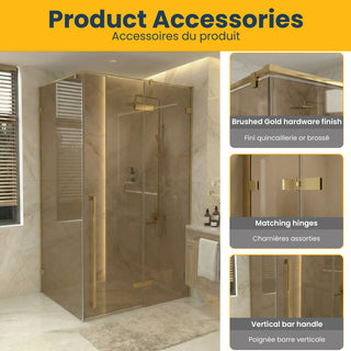 60 po x 79 po Panneau de Porte de Douche Fixe Pivotante Or Brossé Réversible avec Verre Teinté Brun et 36 po x 79 po Panneau Latéral