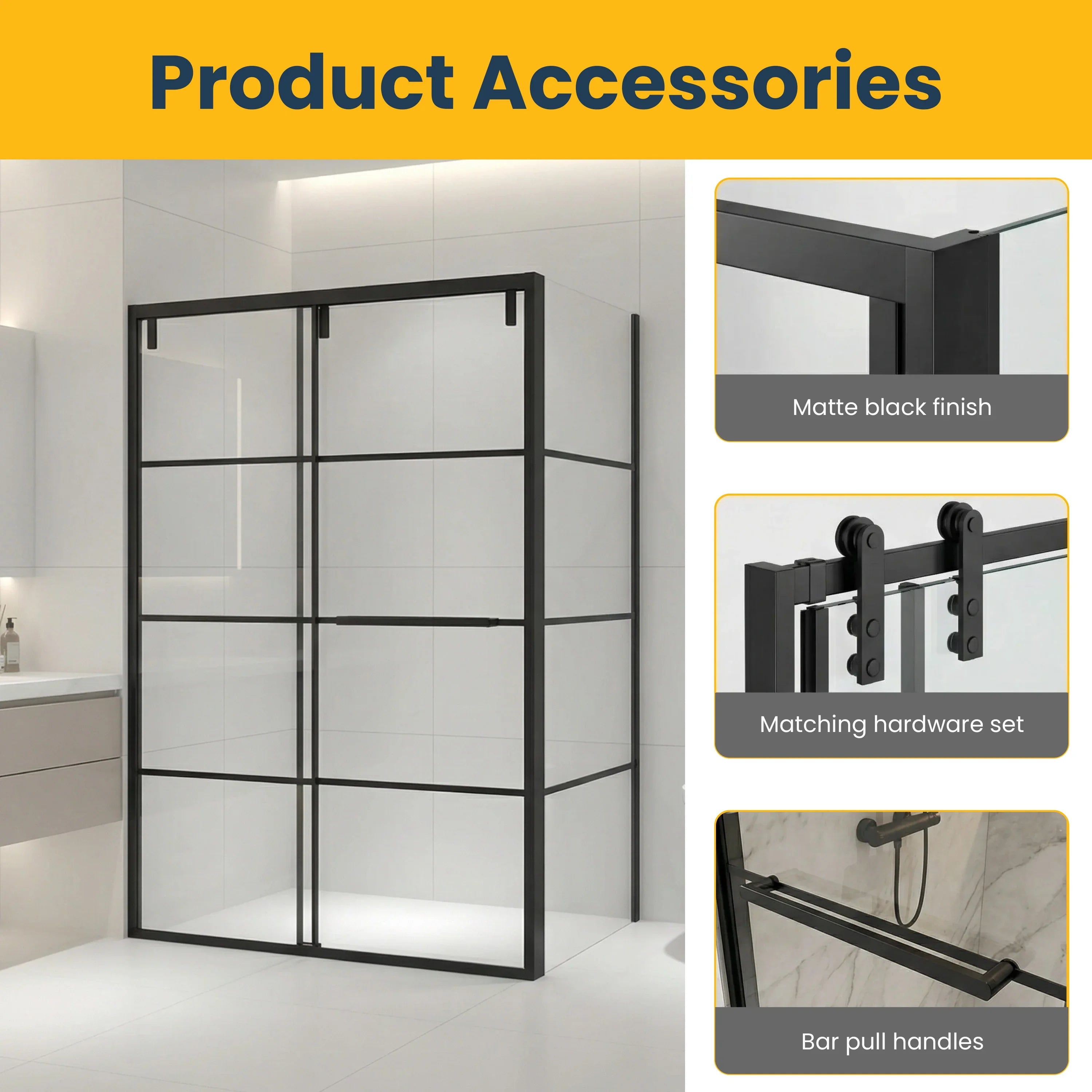 48" x 79" Matte Black Framed Sliding Shower Door with 36" Side Panel