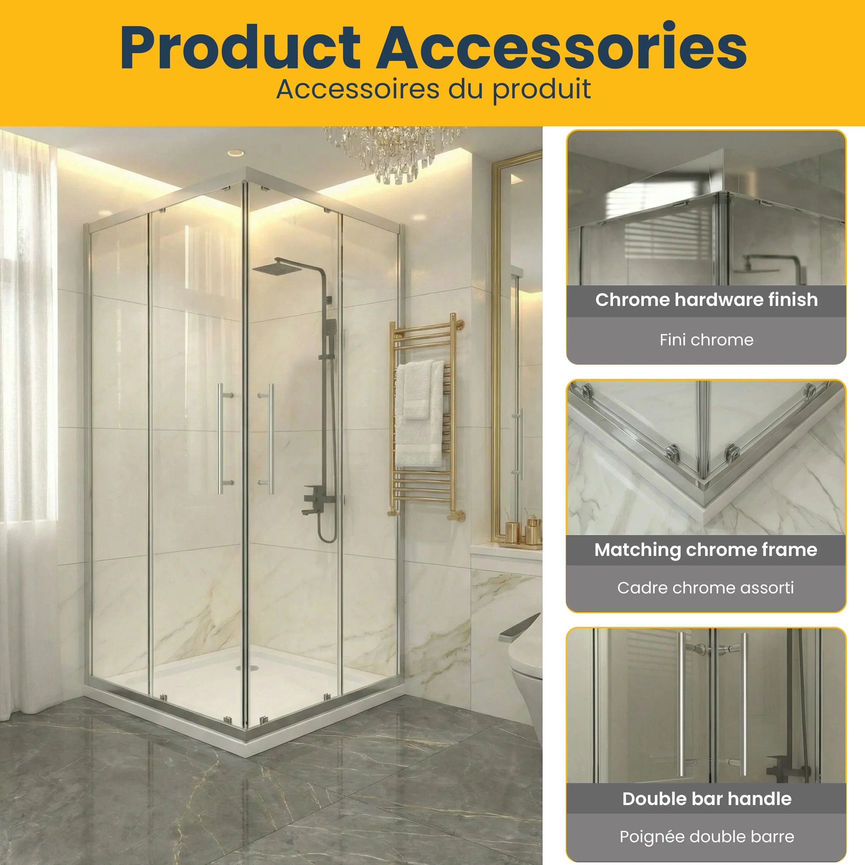 Porte de Douche Coulissante Coin 36po x 36po en Chrome avec Base Acrylique Blanche