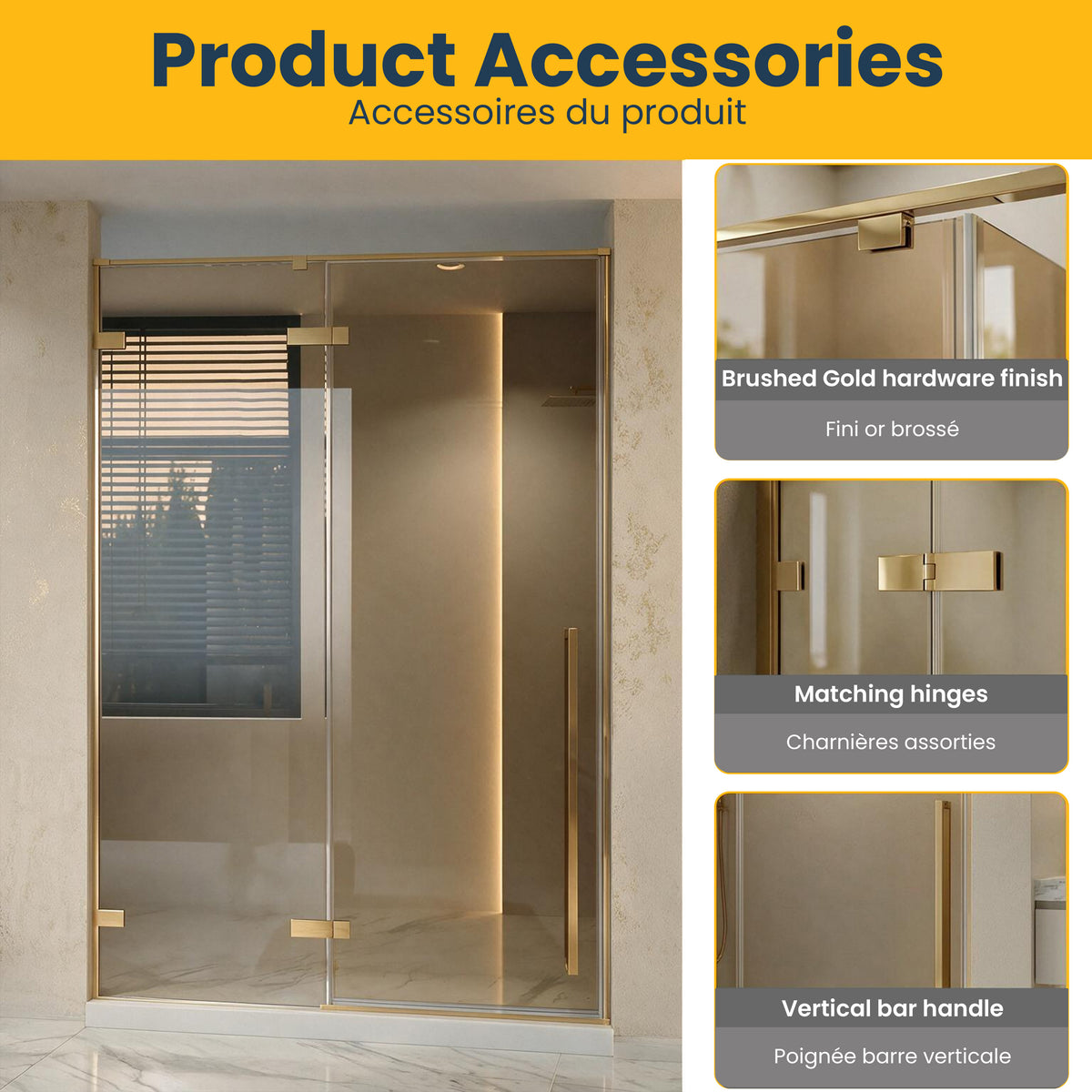 57.6"–58" W (Adjustable Width) x 79" H Frameless Reversible Pivot Shower Door in Brushed Gold with Brown Tinted Glass
