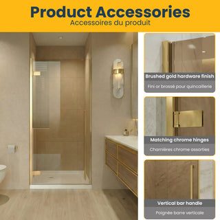 32" x 79" Reversible Pivot Shower Door in Brushed Gold with Brown Tinted Glass and 32" x 32" Glossy White Acrylic Shower Base with Corner Drain