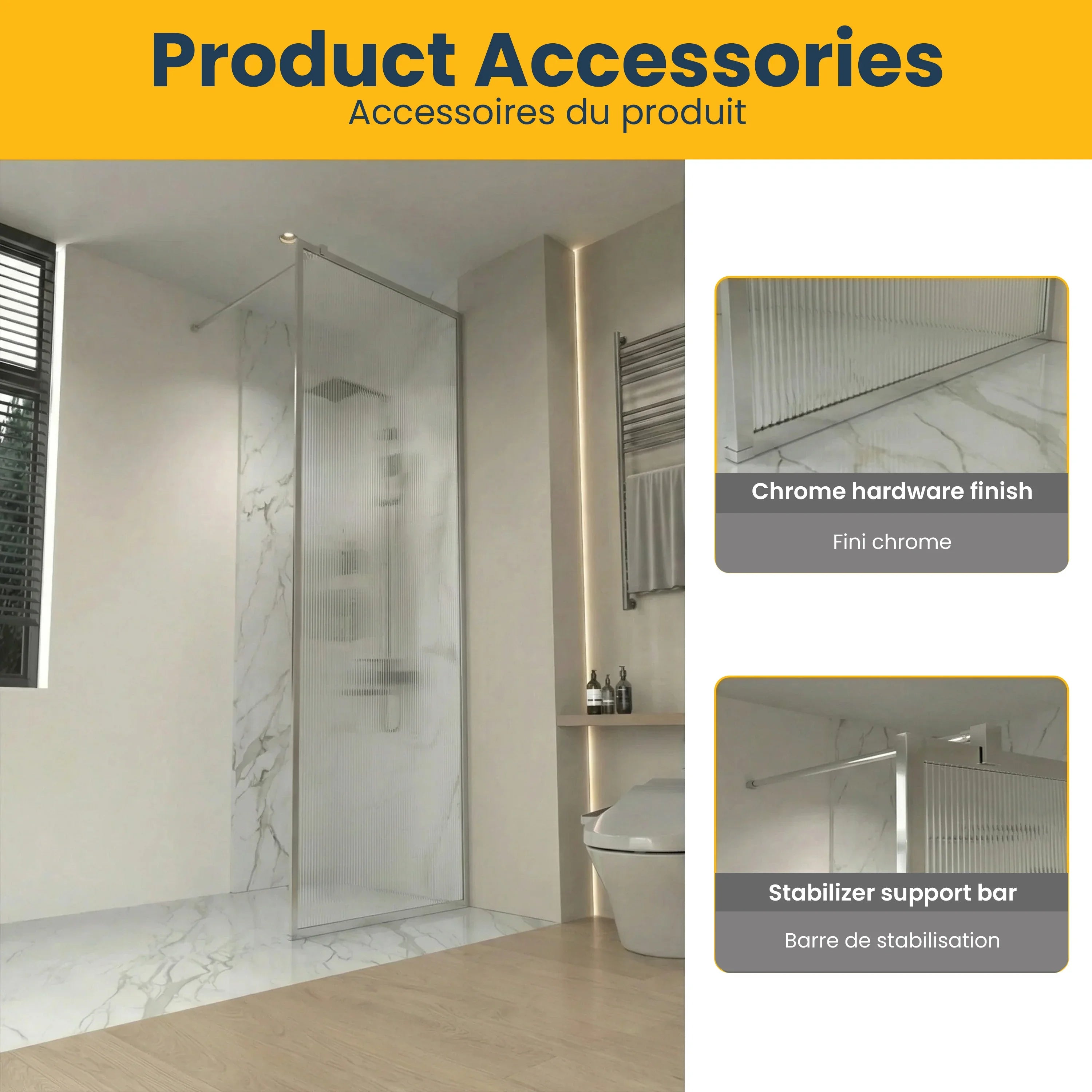34" x 79" Chrome Reversible Walk-In Shower Panel with Fluted Ultra Clear Glass