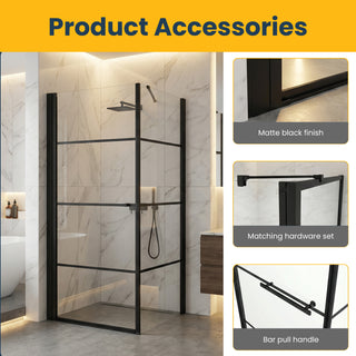 36" x 36" x 79" Framed Square Shower Enclosure with Reversible Pivot Door in Matte Black and Clear Glass Without Base