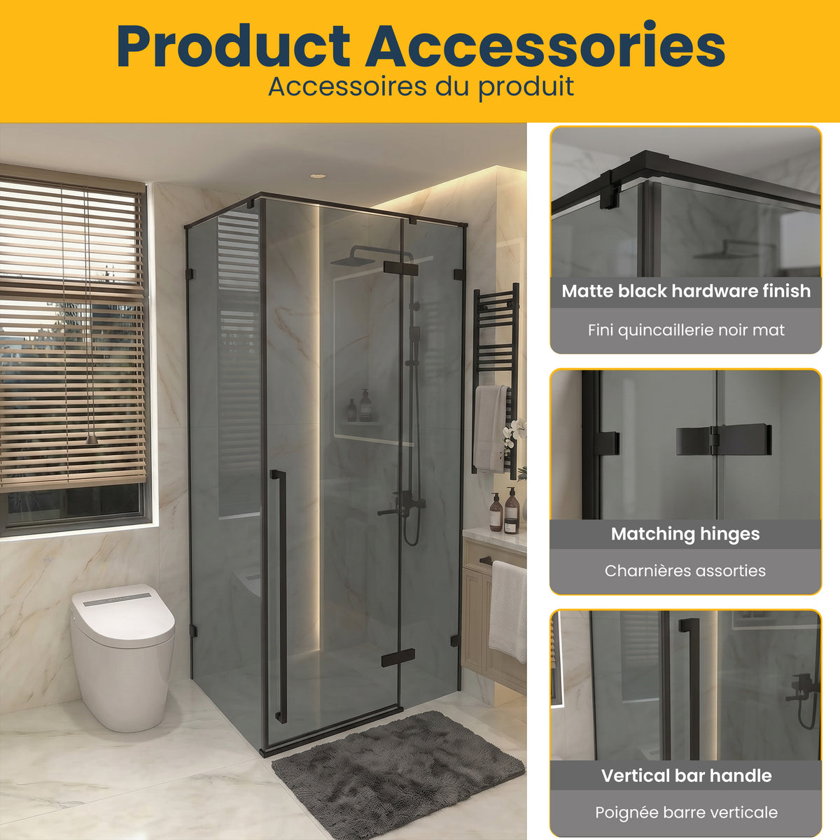 45.6"–46" W (Adjustable Width) x 79" H Frameless Reversible Pivot Shower Door in Matte Black with 30.2"–30.5" Side Panel – Black Tinted Glass