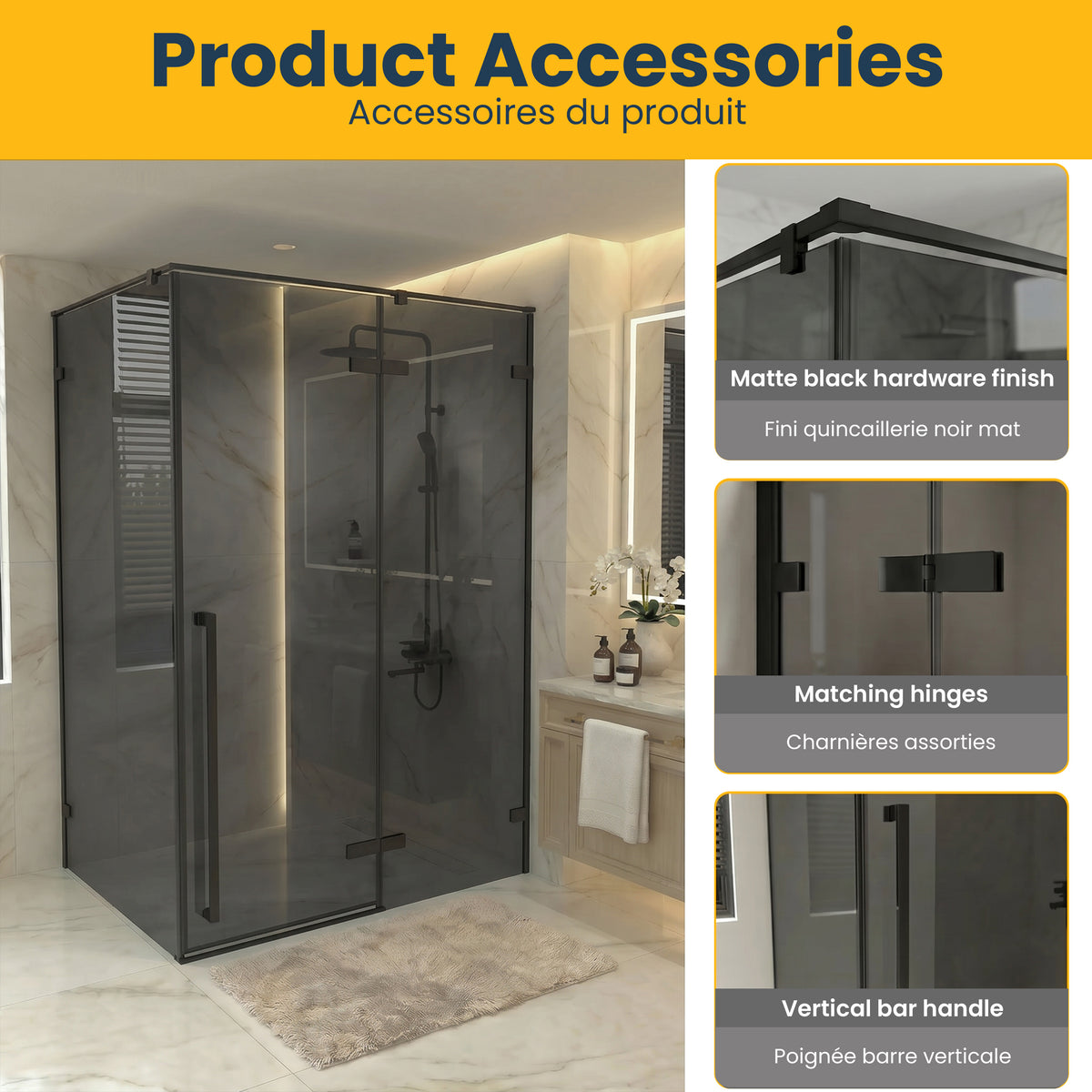 57,6po–58po L (largeur ajustable) x 79po H Porte de douche pivotante réversible sans cadre en noir mat avec verre teinté noir et panneau latéral 30,2po–30,5po