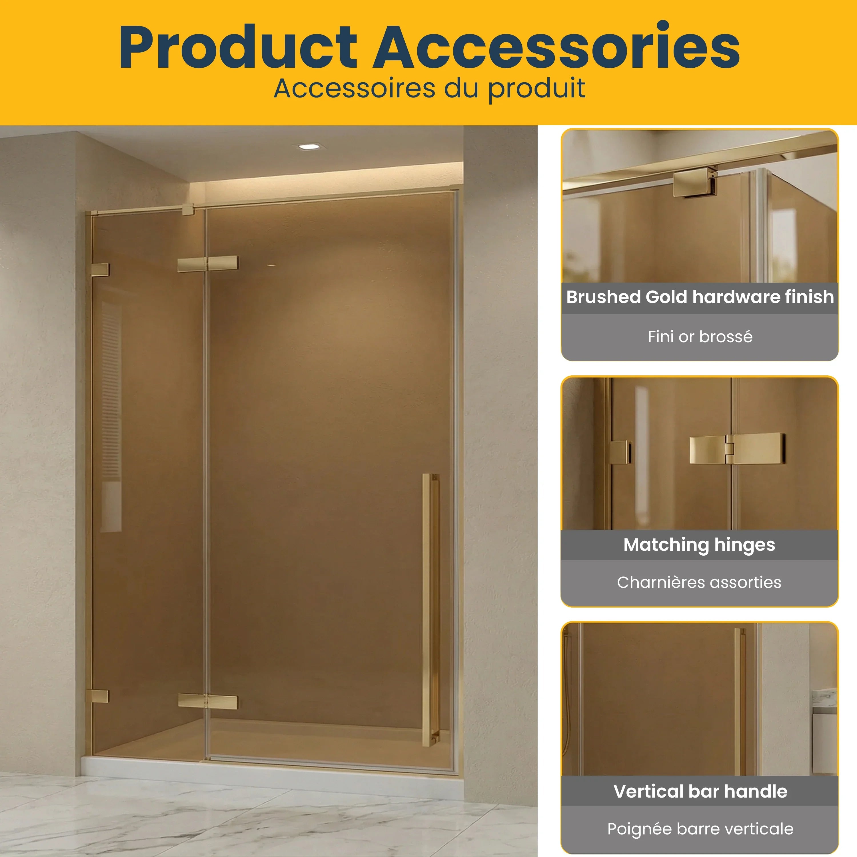 57.6"–58" x 79" Brushed Gold Reversible Pivot Shower Door with Brown Tinted Glass