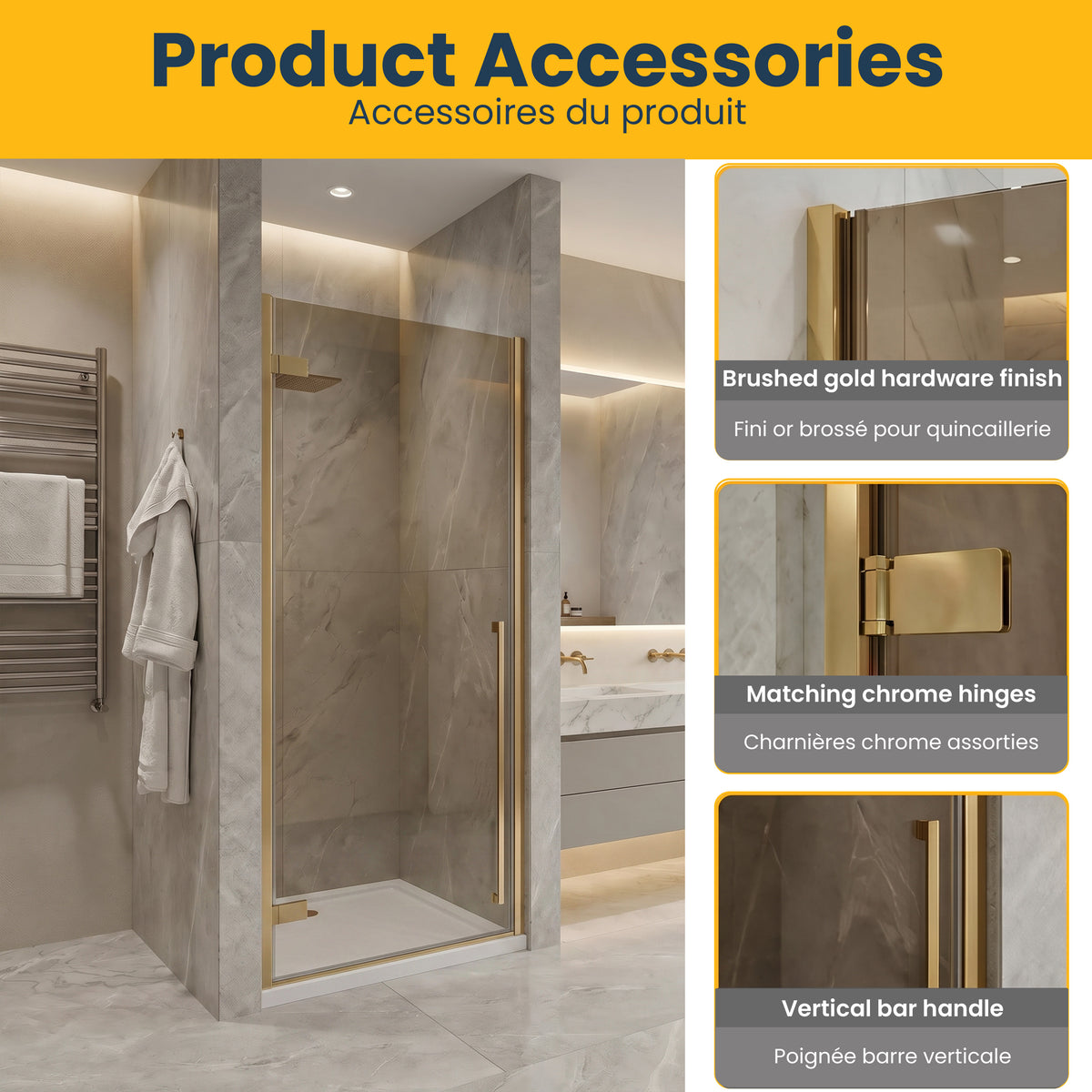 29,9po–30,3po L (largeur ajustable) x 79po H Porte de douche pivotante réversible sans cadre en or brossé avec verre teinté brun et base blanche 32po