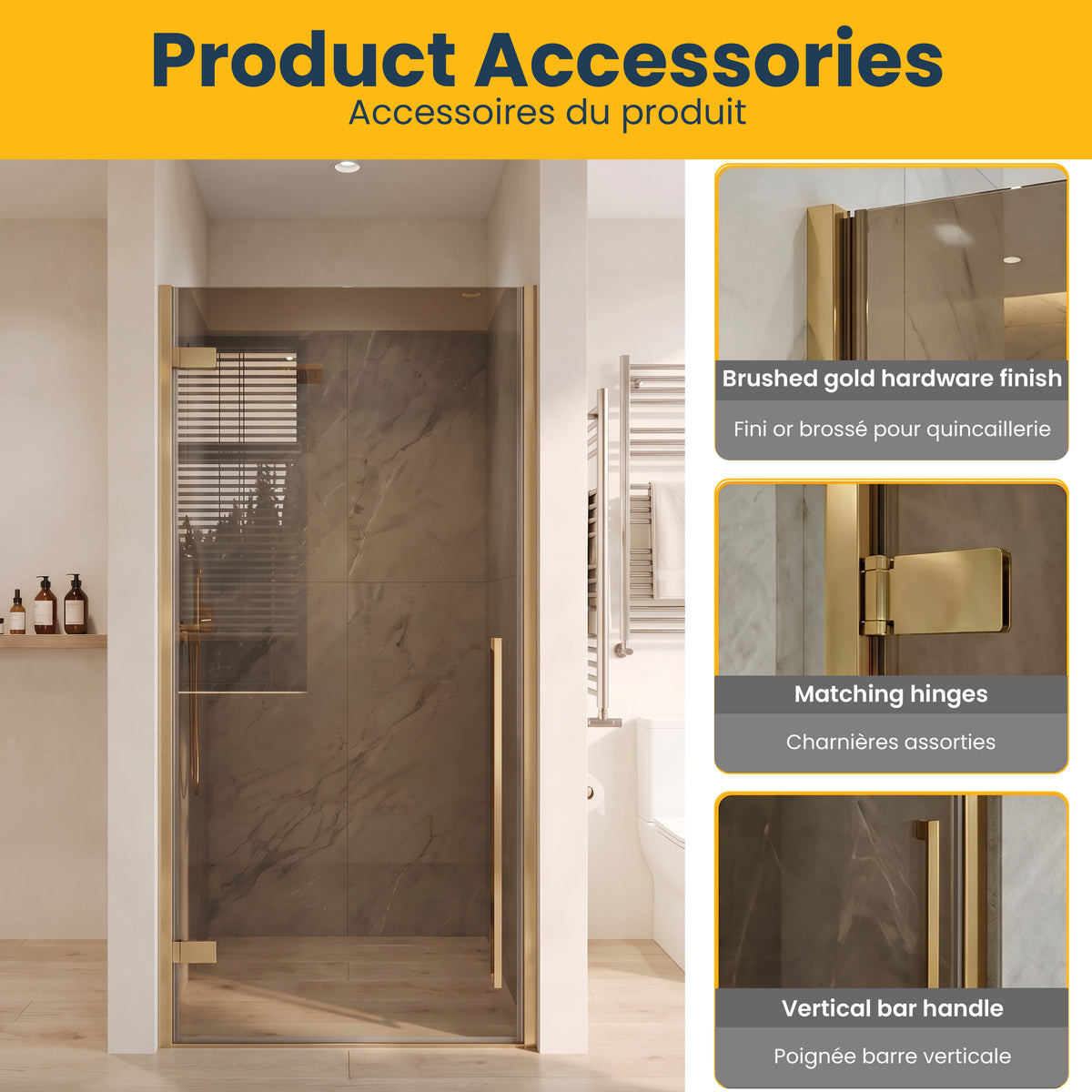 33,9po–34,3po L (largeur ajustable) x 79po H Porte de douche pivotante réversible sans cadre en or brossé avec verre brun teinté