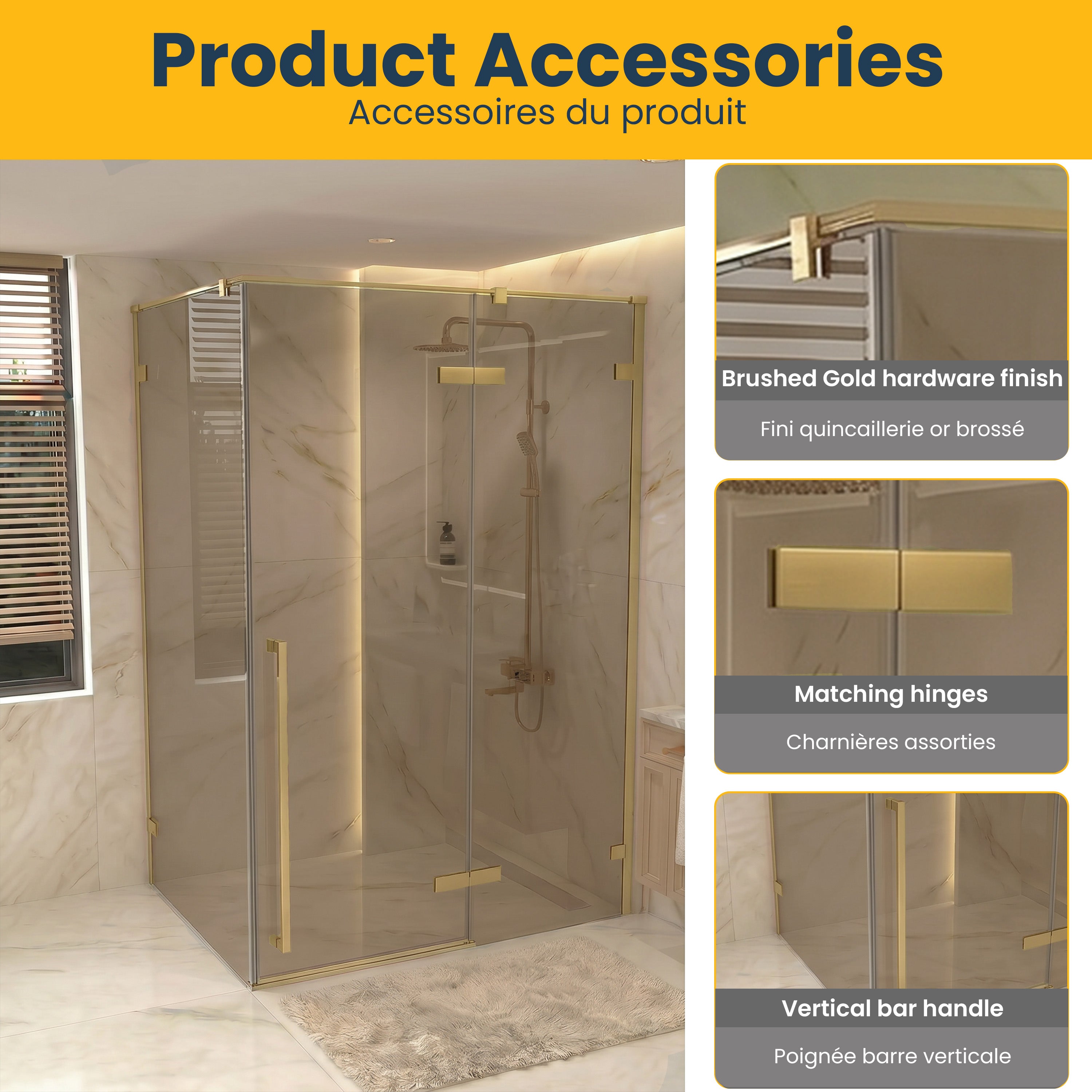 57,6po–58po L (largeur ajustable) x 79po H Porte de douche pivotante réversible sans cadre en or brossé avec verre brun teinté et panneau latéral 34,1po–34,5po