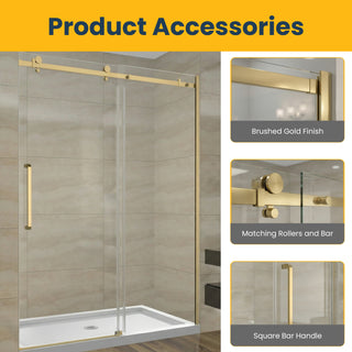 60" x 75" x 10mm Alcove Reversible Sliding Shower Door with Square Design Hardware in Brushed Gold
