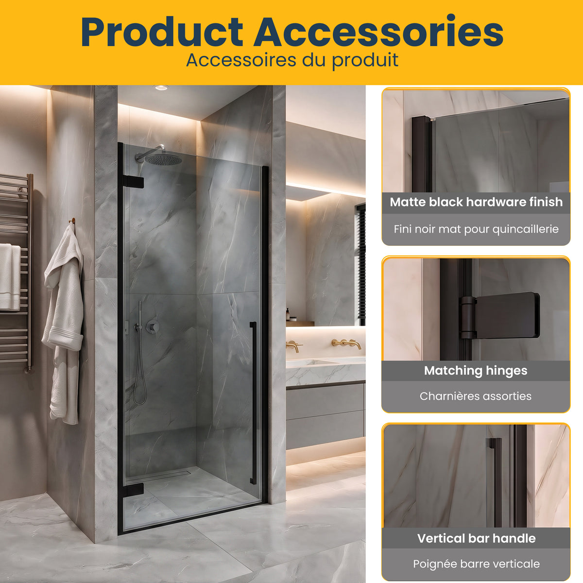 33.9"–34.3" W (Adjustable Width) x 79" H Frameless Reversible Pivot Shower Door in Matte Black with Black Tinted Glass