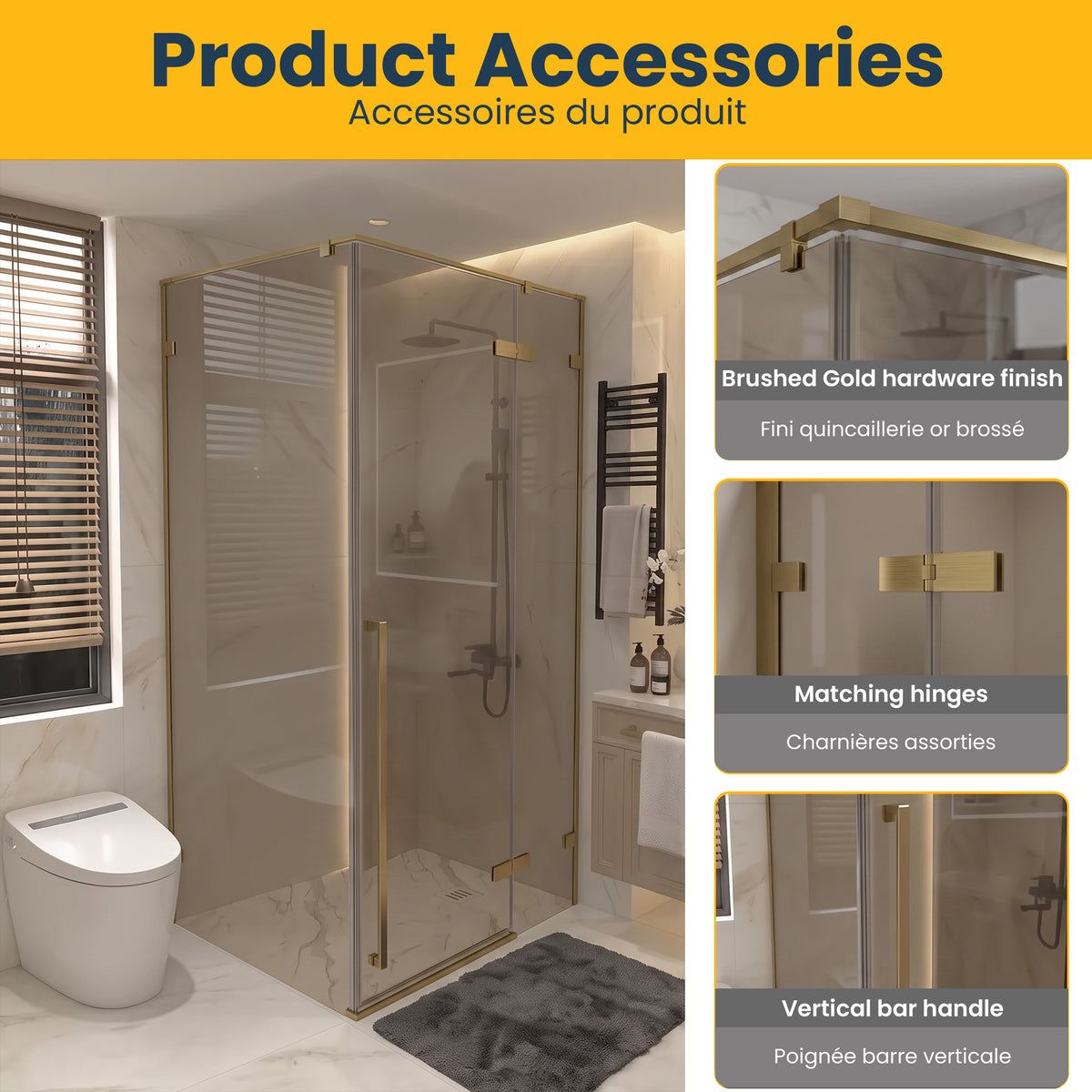 45.6"–46" W (Adjustable Width) x 79" H Frameless Reversible Pivot Shower Door in Brushed Gold with Brown Tinted Glass and 34.1"–34.5" Side Panel