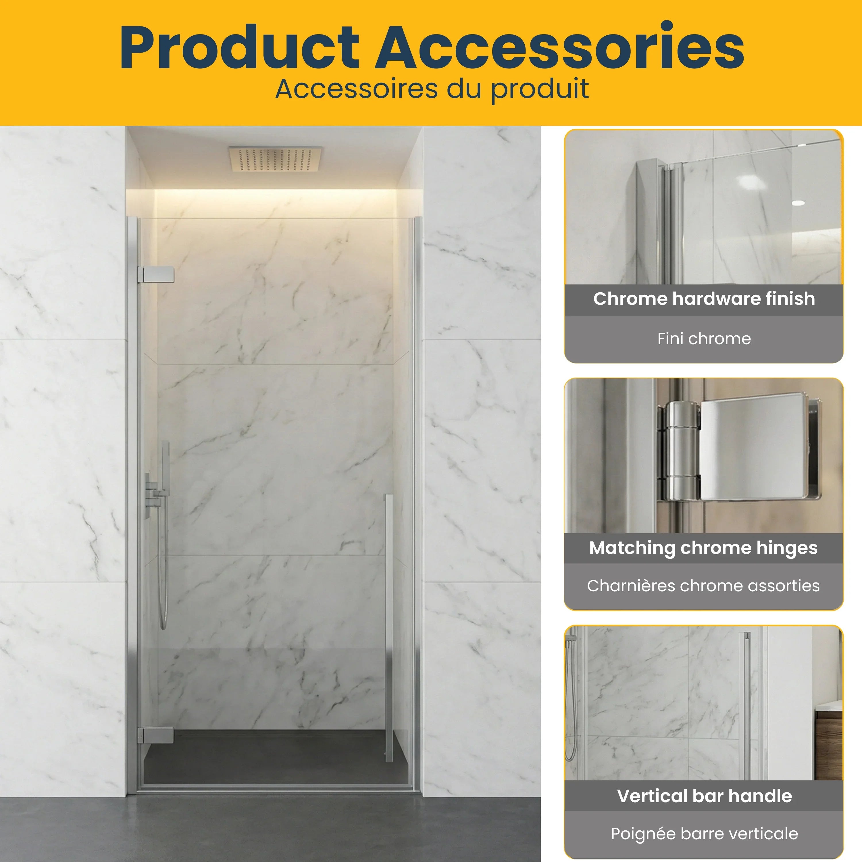 33.9"–34.3" x 79" Reversible Chrome Pivot Shower Door with Clear Tempered Glass