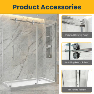Porte de douche coulissante réversible chromée 60 po x 36 po x 75 po - Verre 10 mm, installation sur deux murs avec panneau latéral de 36 po.