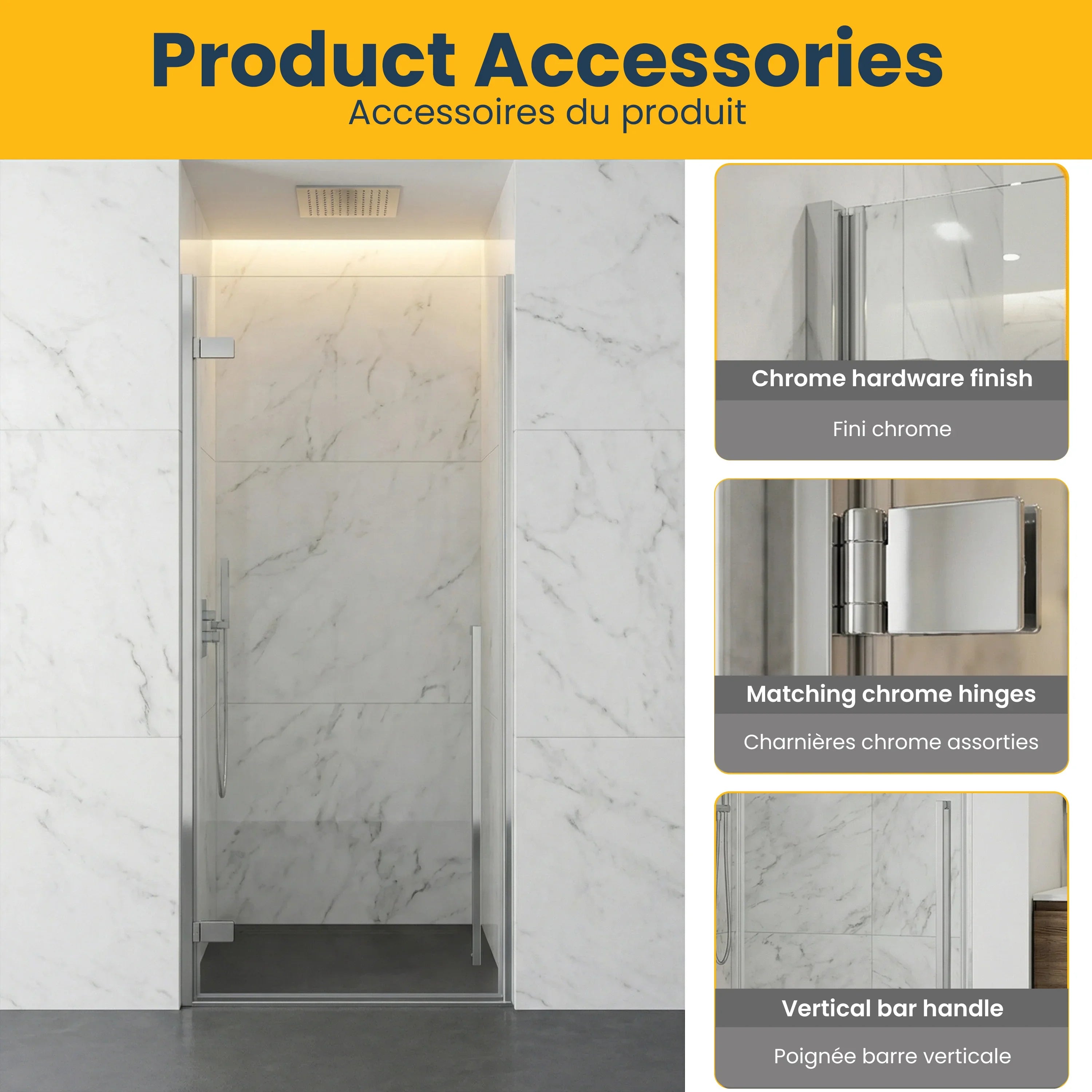 32" x 79" Reversible Chrome Pivot Shower Door with Clear Tempered Glass