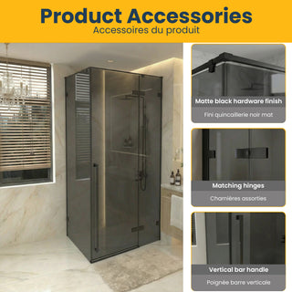 48" x 79" Reversible Fixed/Pivot Shower door Matte Black with Black Tinted Glass and 36" x 79" Side Shower Panel