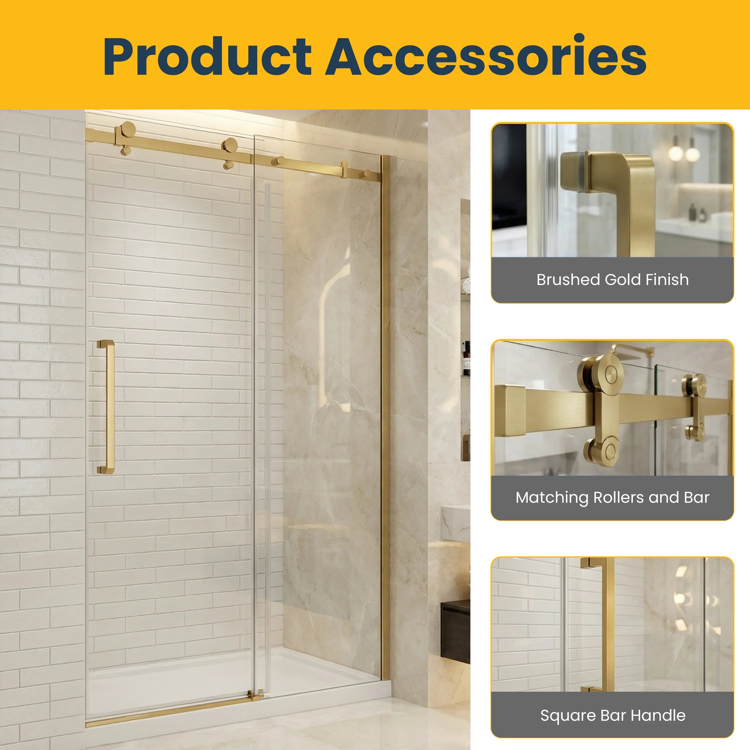 48" x 75" Brushed Gold Alcove Reversible Sliding Shower Door with Square Hardware