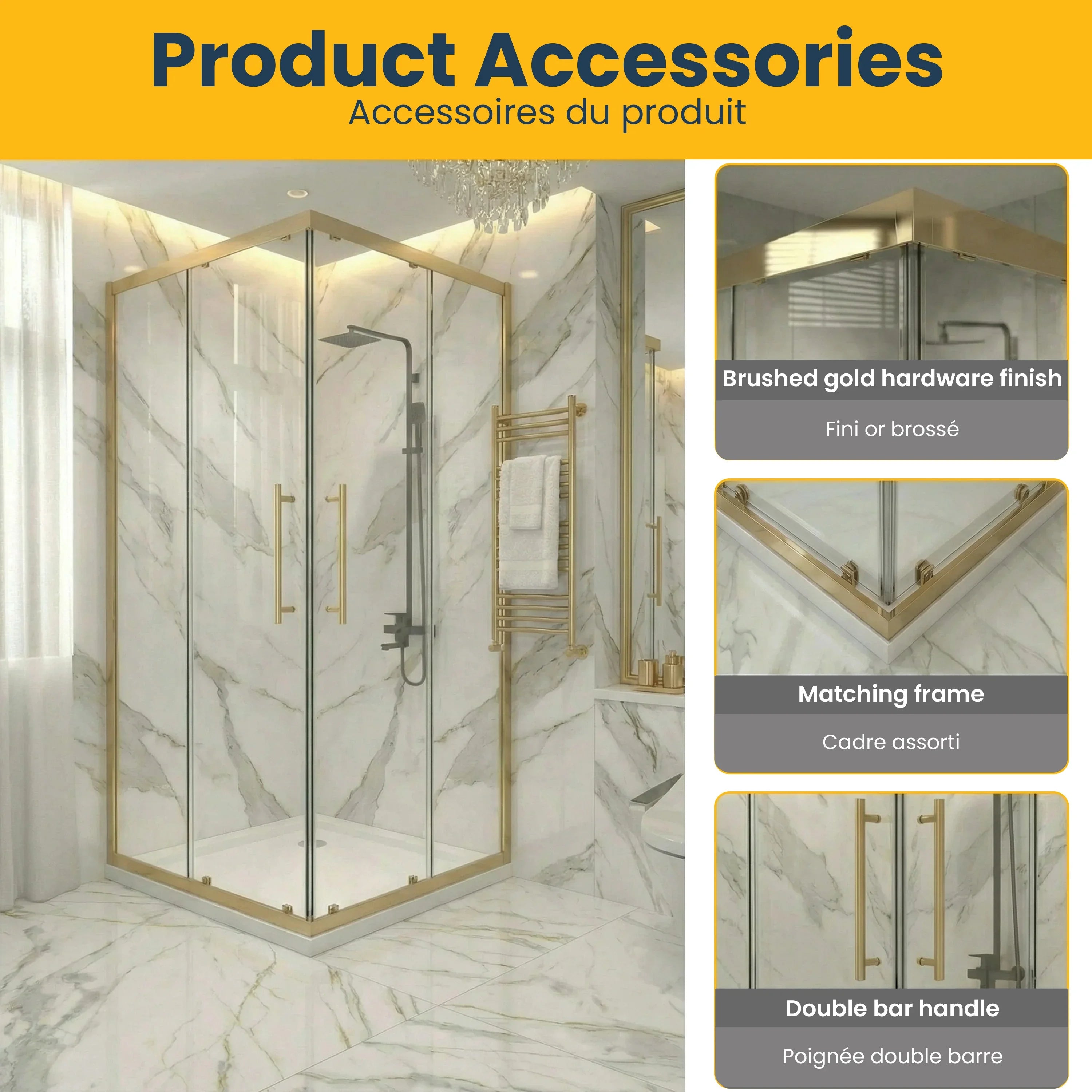 Porte de douche coin coulissante 36po x 36po or brossé avec base acrylique blanche
