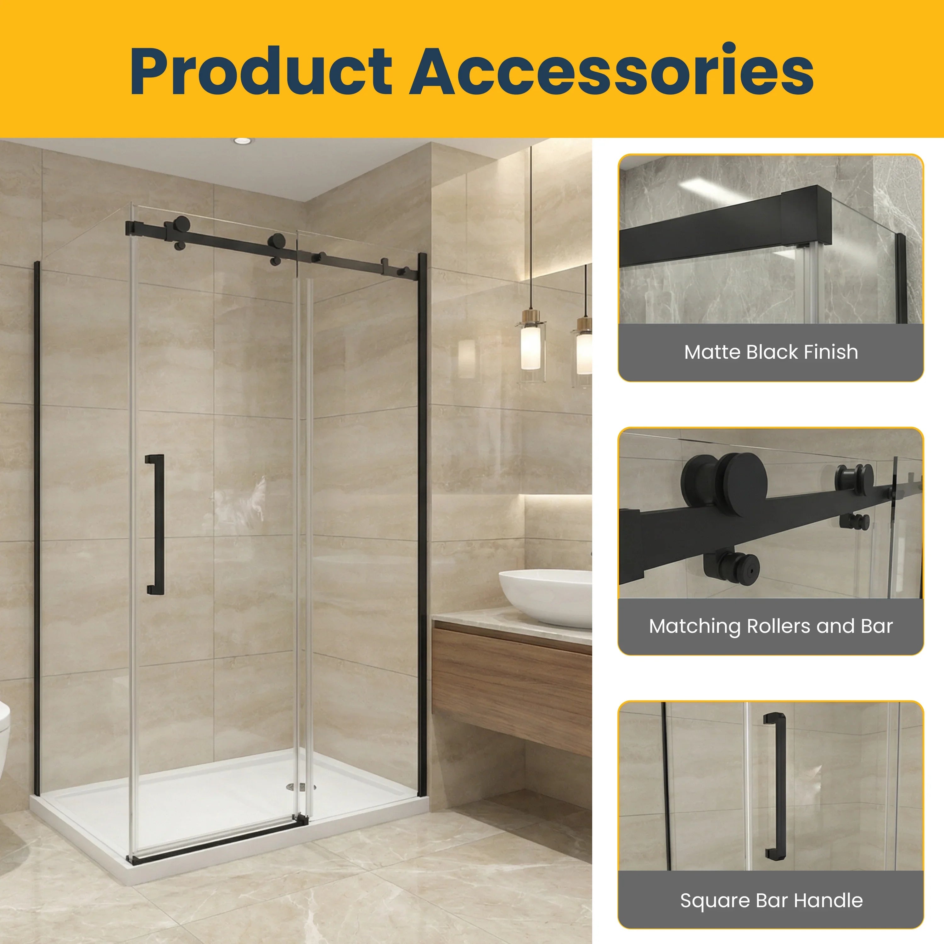 48" x 36" x 75" Corner Shower Door Set with Matte Black Square Hardware - 2 Wall Configuration