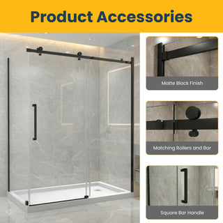 Porte de douche coulissante réversible 60" x 36" x 75" x 10mm avec panneau latéral 36", design carré, quincaillerie noire sans base