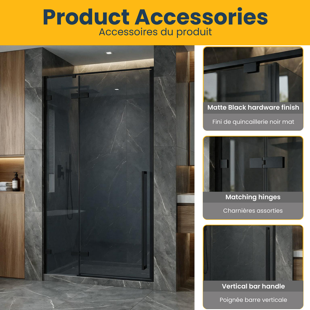 45.6"–46" W (Adjustable Width) x 79" H Frameless Reversible Pivot Shower Door in Matte Black with Black Tinted Glass