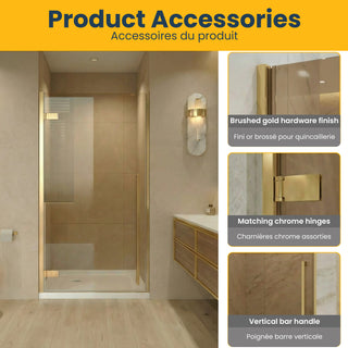 36" x 79" Reversible Pivot Shower Door in Brushed Gold with Brown Tinted Glass and 36" x 36" Glossy White Acrylic Shower Base with Corner Drain
