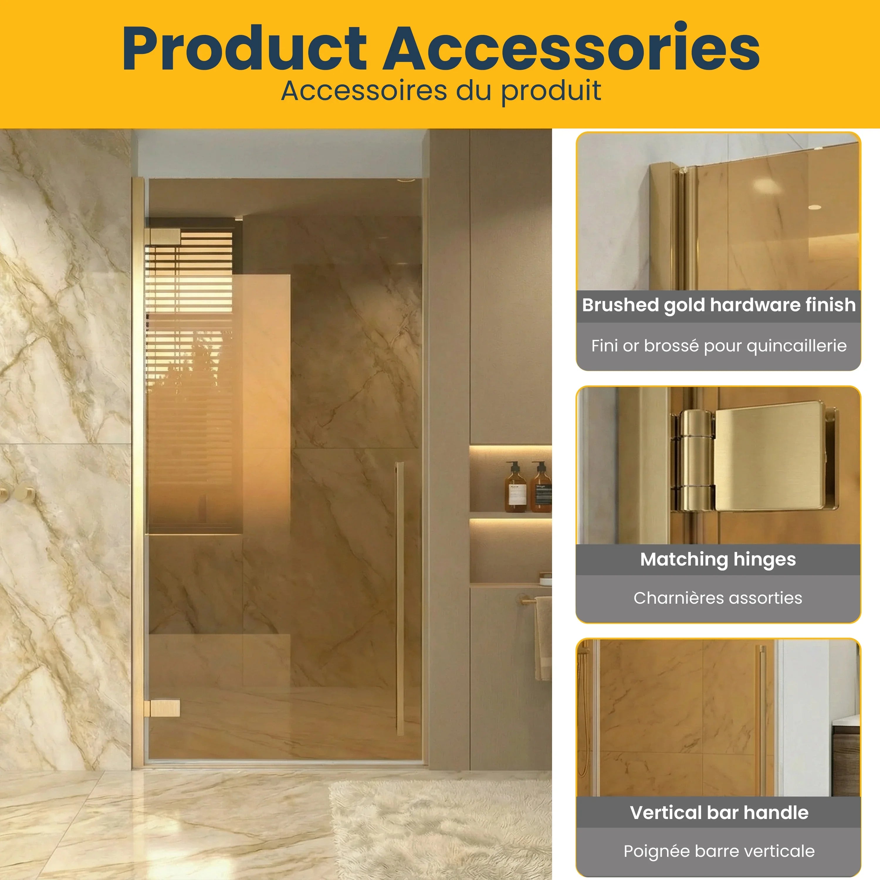 Porte de Douche Pivotante Réversible 36po x 79po Or Brossé avec Verre Teinté Brun