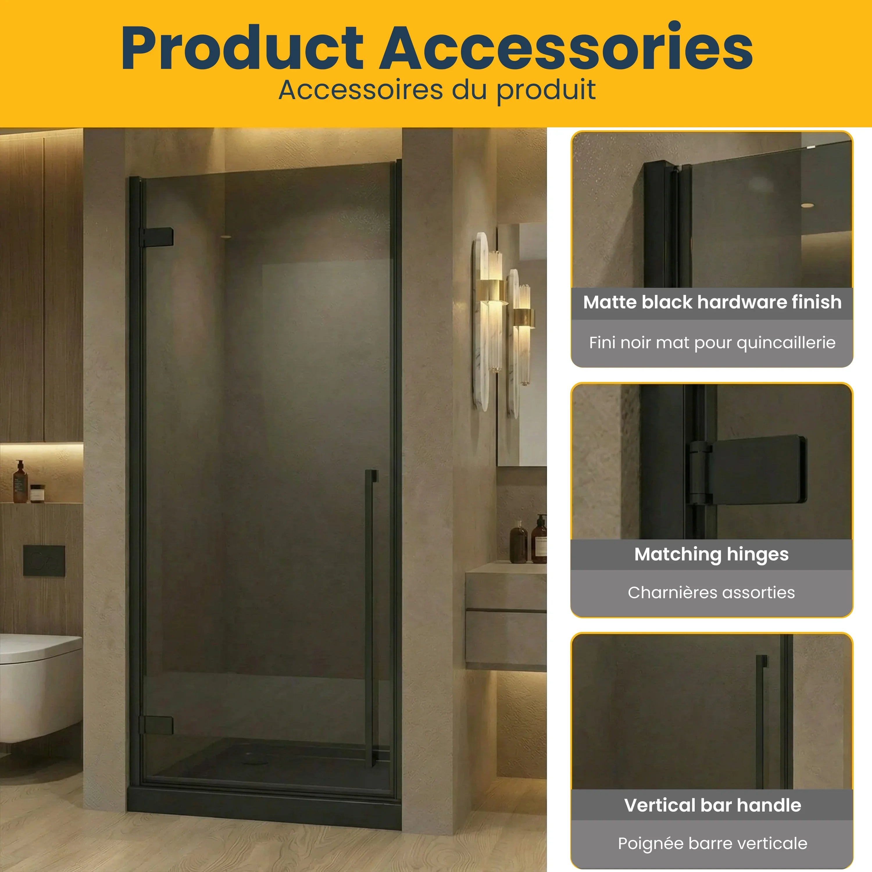 Porte de douche pivotante réversible noir mat 32po x 79po avec verre teinté noir et base de douche acrylique noire brillante 32po x 32po