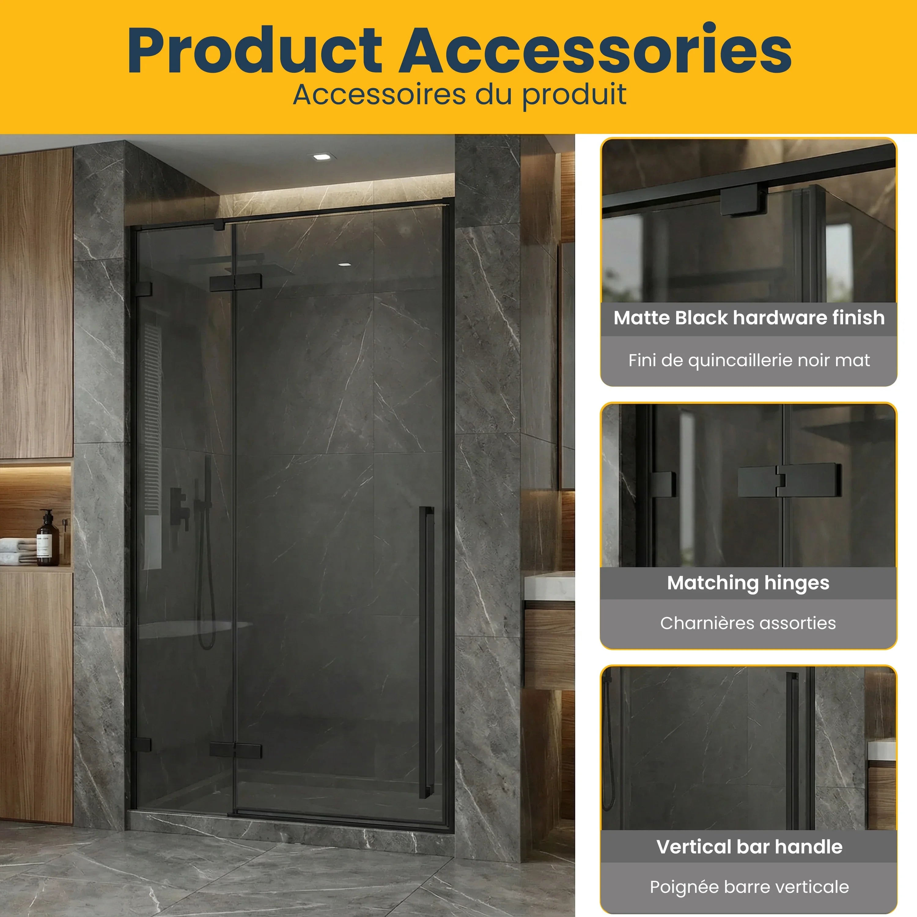 Porte de douche pivotante réversible 48po x 79po noir mat avec verre teinté noir