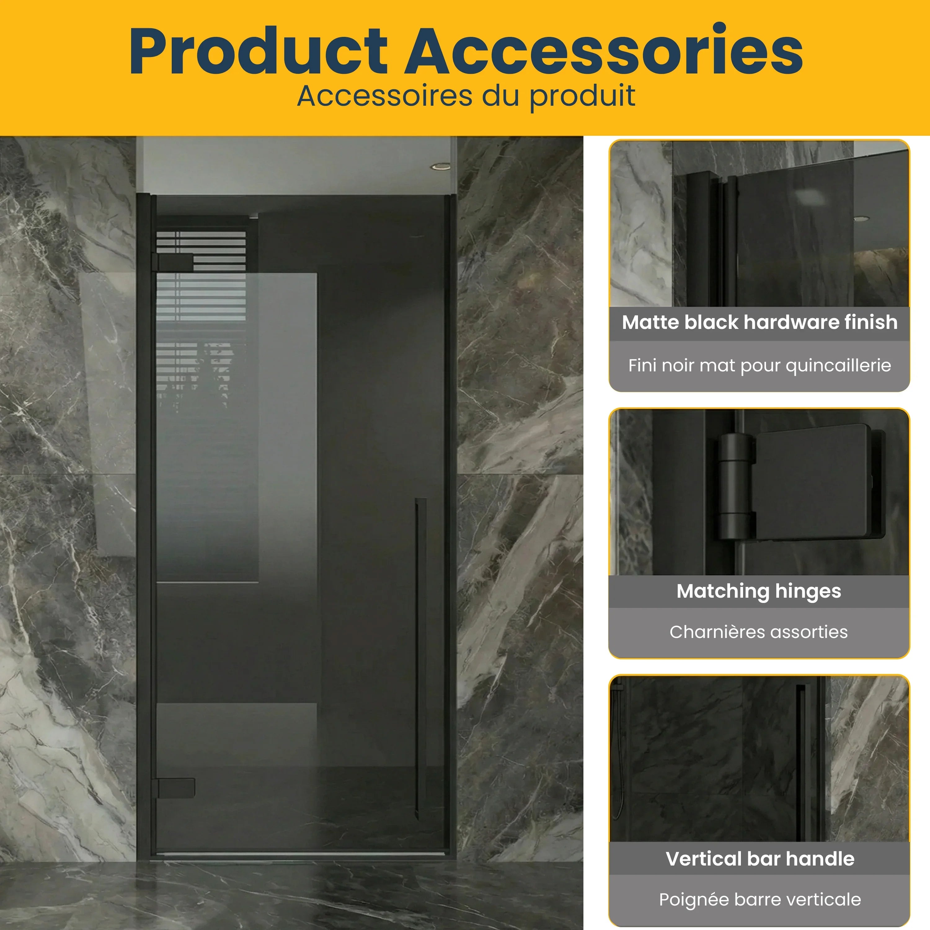 Porte de douche pivotante réversible 33,9po–34,3po x 79po noir mat avec verre teinté noir