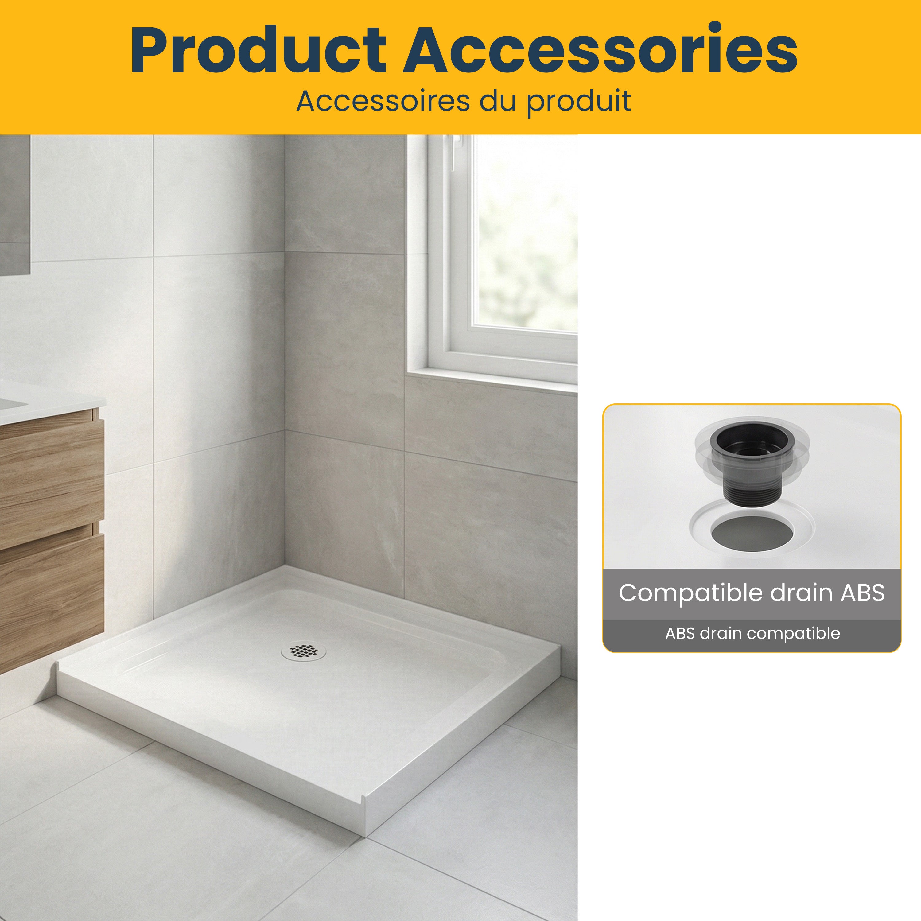 Base de douche 32po x 32po en acrylique blanc brillant avec drain au coin