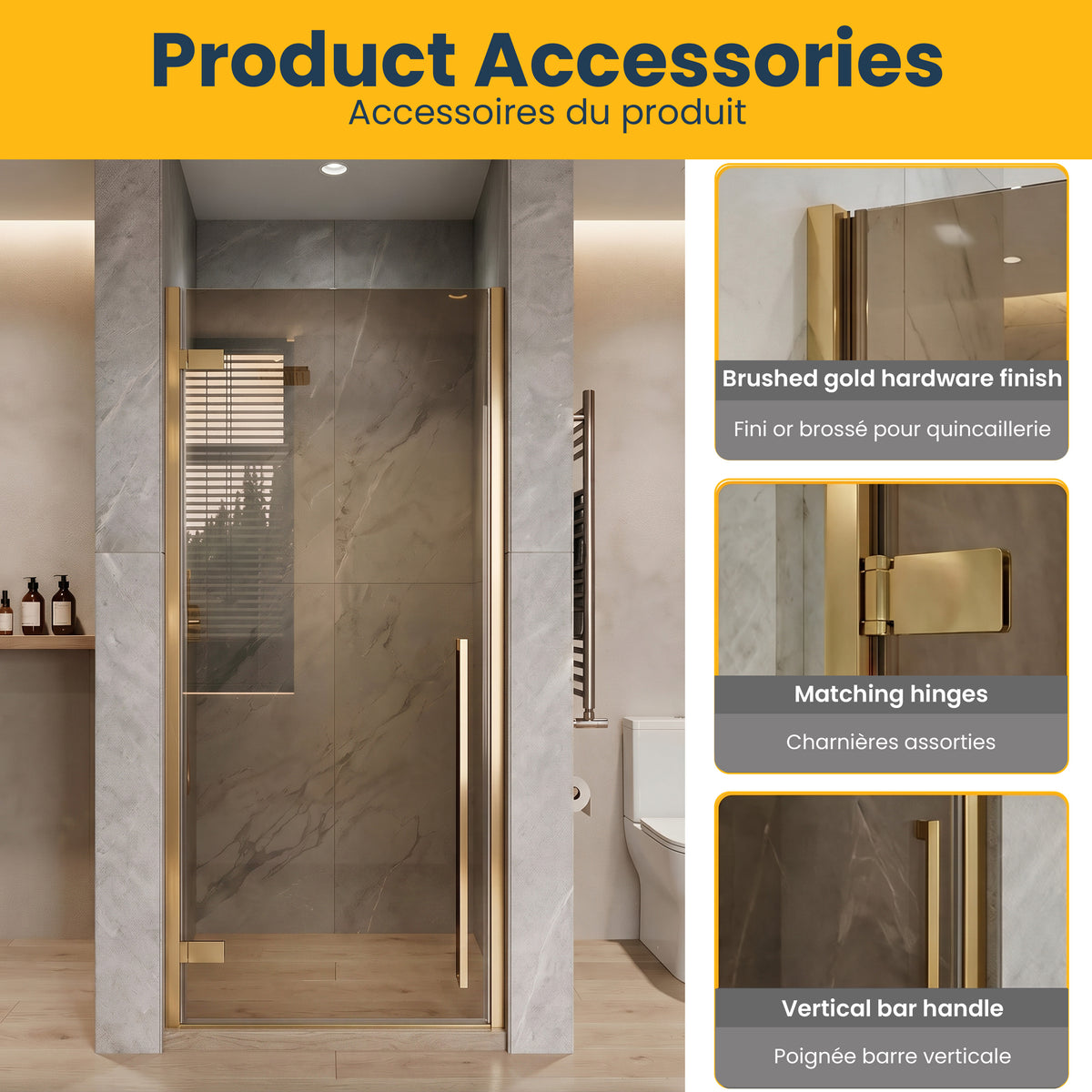 29,9po–30,3po L (largeur ajustable) x 79po H Porte de douche pivotante réversible sans cadre en or brossé avec verre brun teinté