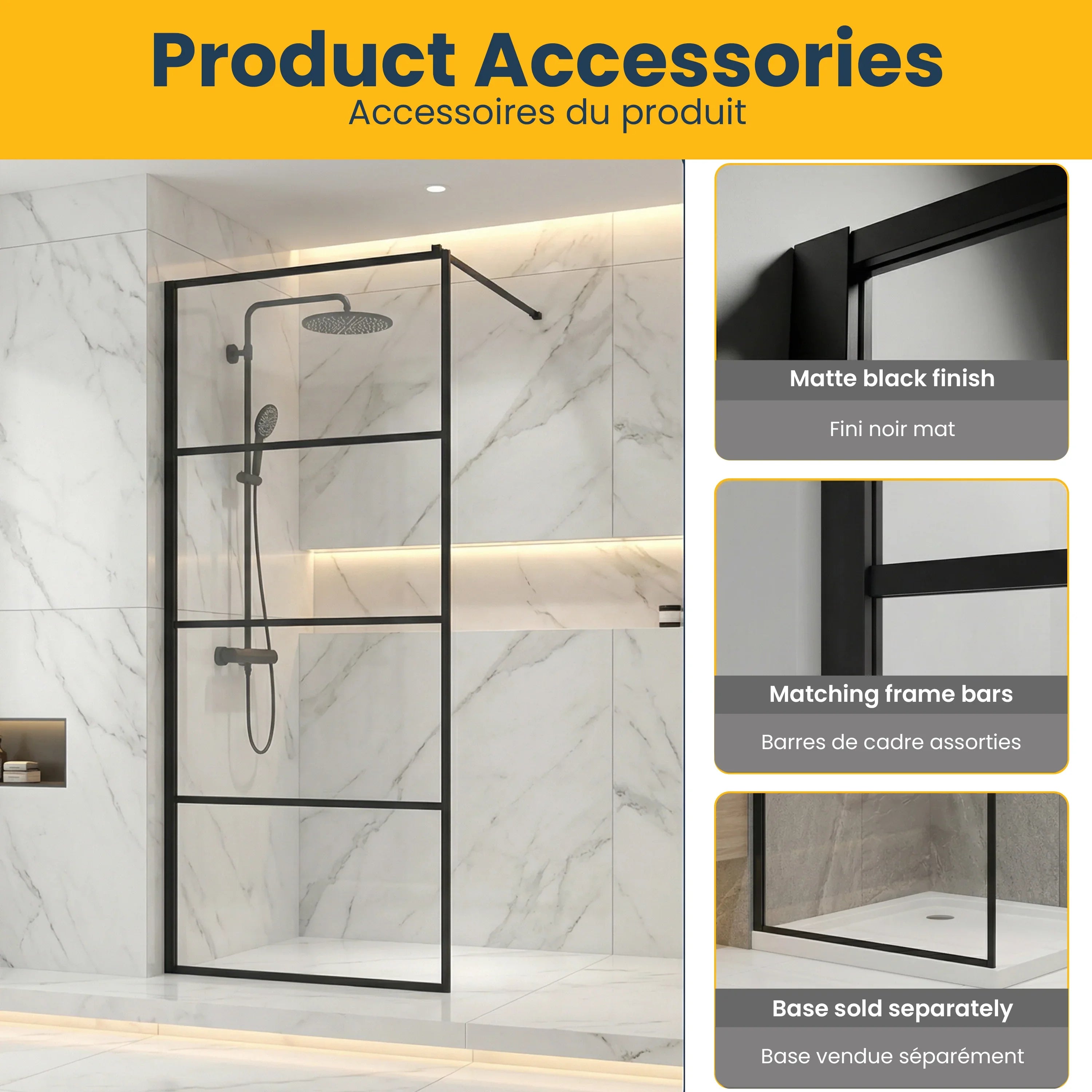 34" x 79" Fixed Reversible Walk-In Shower Panel in Matte Black with Clear Glass
