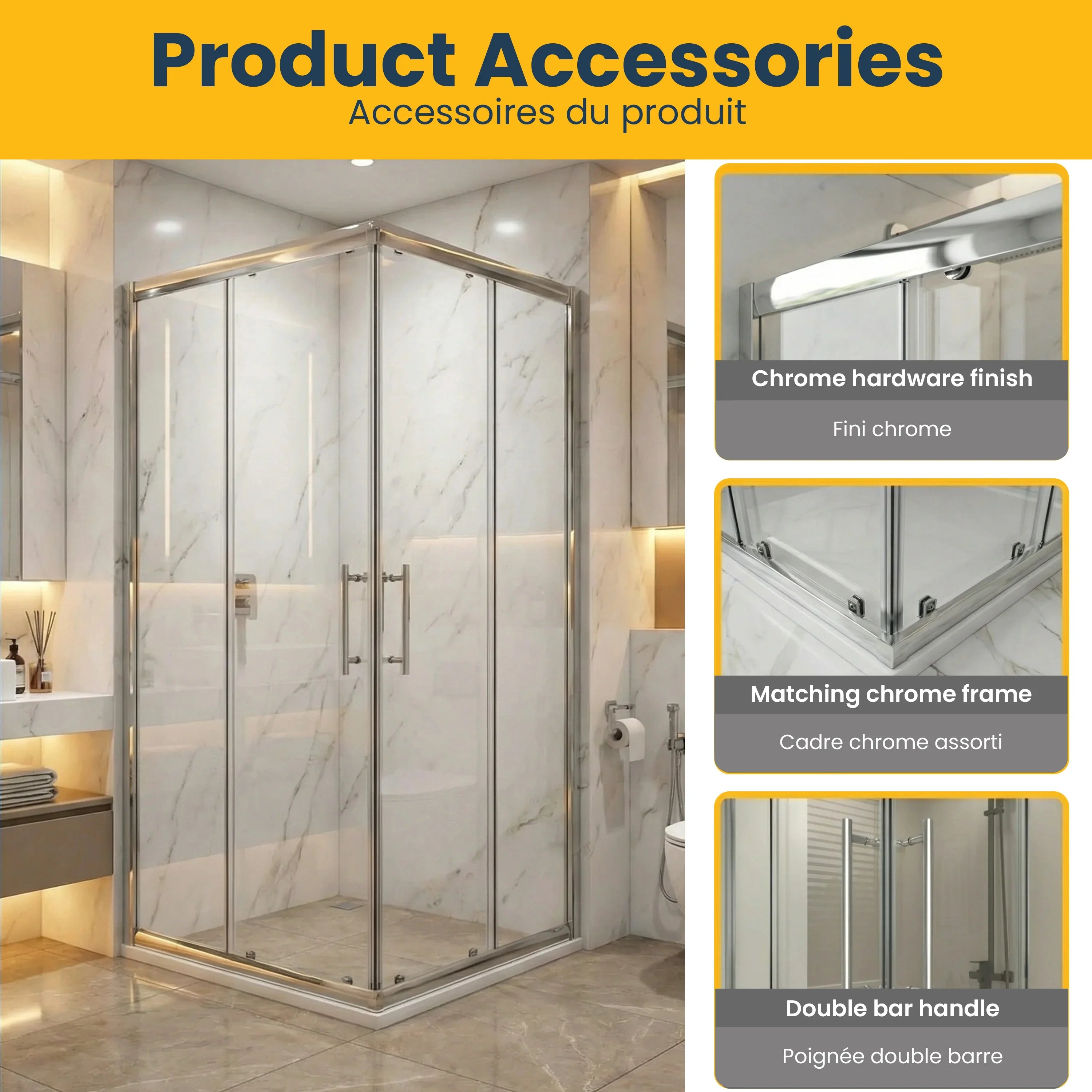 Porte de douche coin coulissante 36po x 36po x 79po chromée avec verre trempé clair