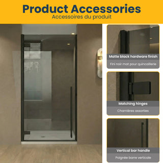 36" x 79" Reversible Pivot Shower Door in Matte Black with Black Tinted Glass and 36" x 36" Glossy White Acrylic Shower Base with Corner Drain