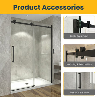 48" x 75" x 10mm Alcove Reversible Sliding Shower Door with Square Design Hardware in Black