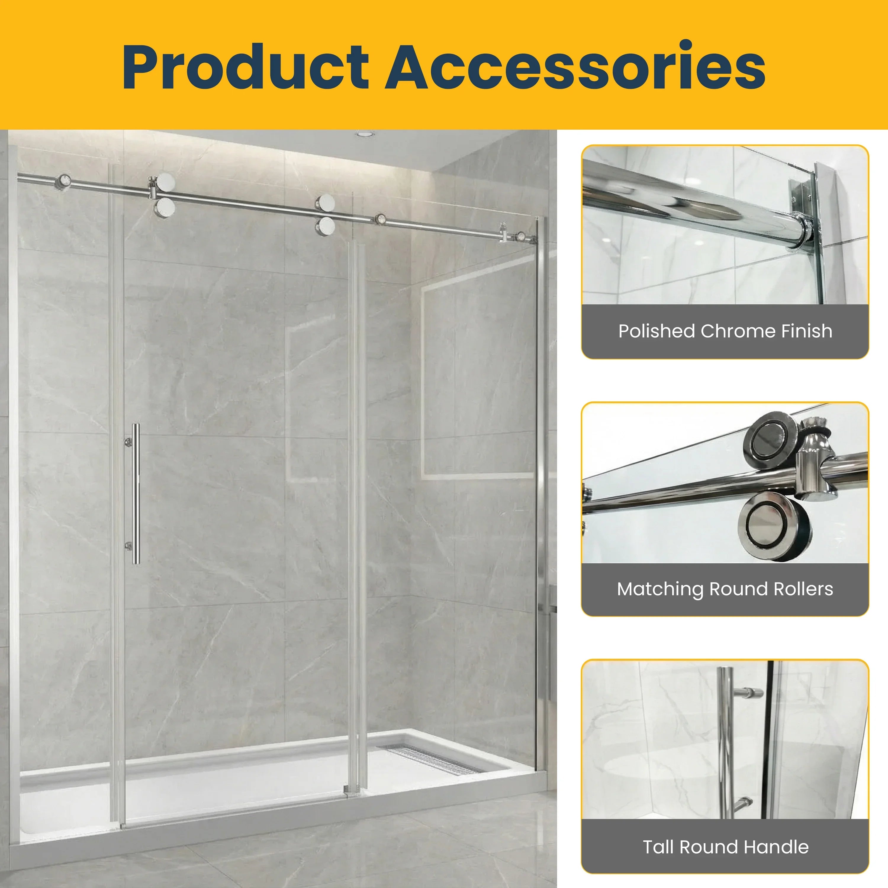 72" x 75" Alcove Reversible Sliding Shower Door with Round Chrome Hardware - 10mm Tempered Glass