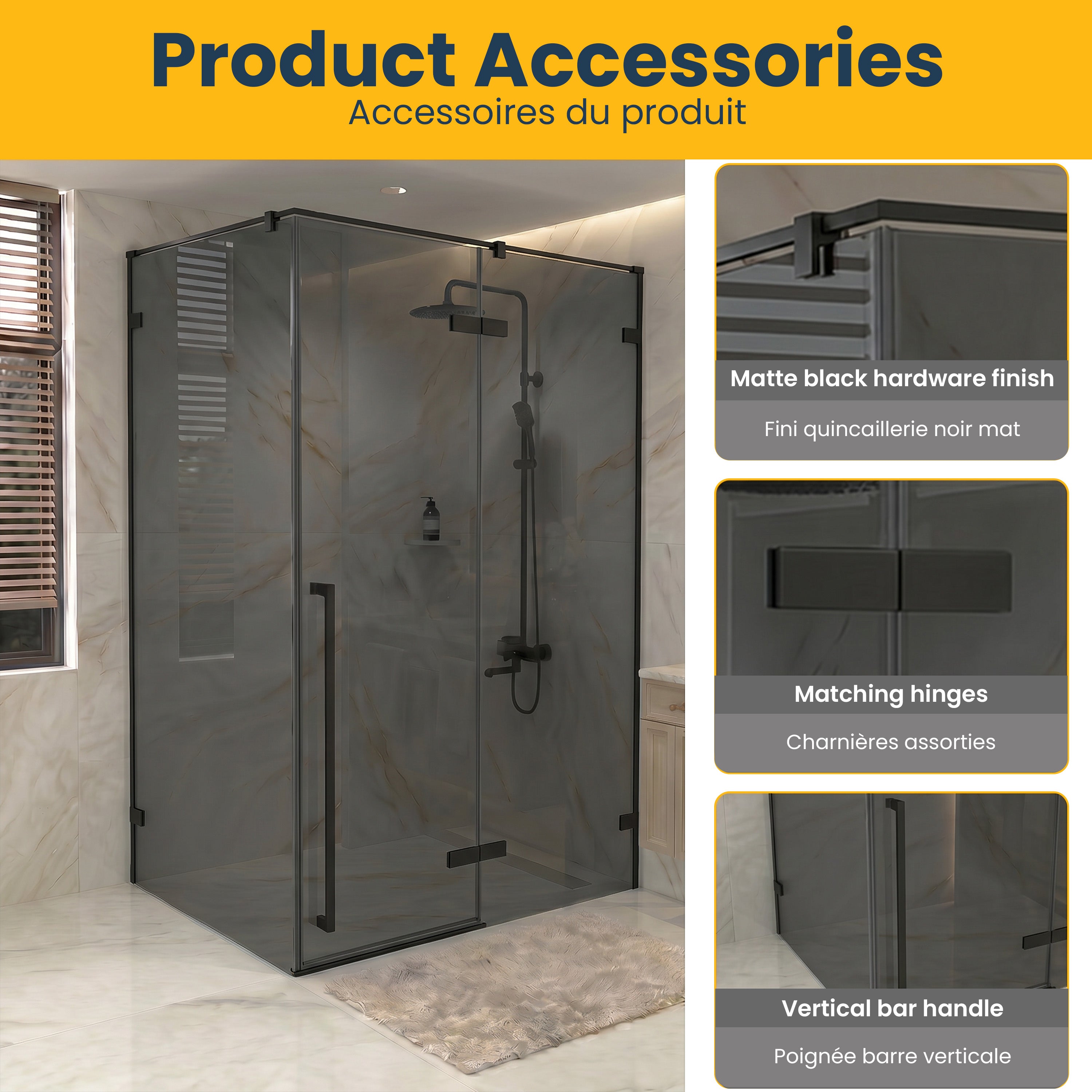 57,6po–58po L (largeur ajustable) x 79po H Porte de douche pivotante réversible sans cadre en noir mat avec panneau latéral 34,1po–34,5po en verre teinté noir