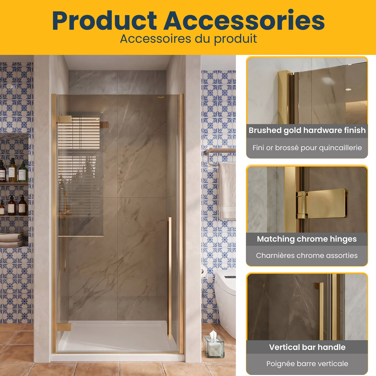 33,9po–34,3po L (largeur ajustable) x 79po H Porte de douche pivotante réversible sans cadre en or brossé avec verre teinté brun et base acrylique blanche