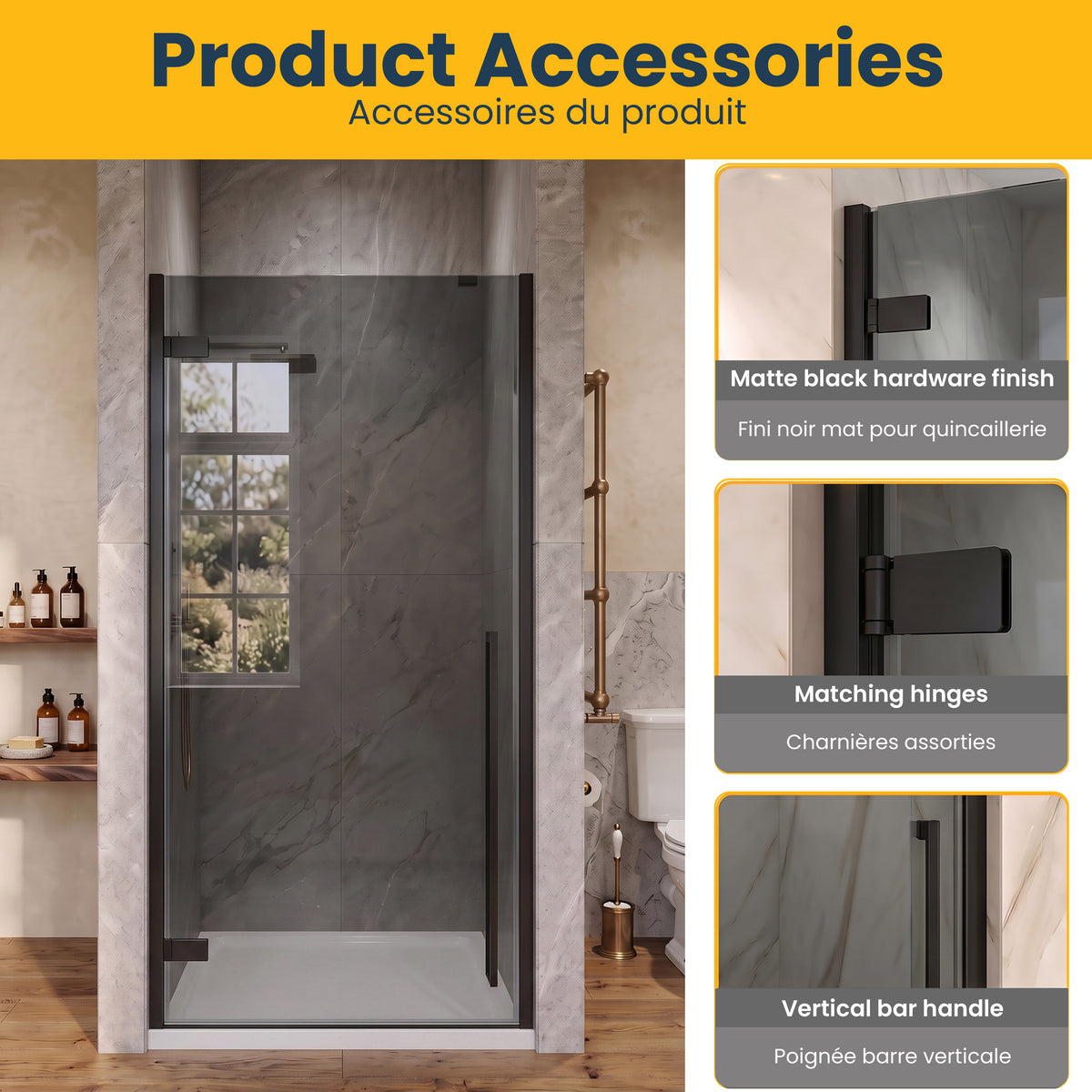 33.9"–34.3" W (Adjustable Width) x 79" H Frameless Reversible Pivot Shower Door in Matte Black with Black Tinted Glass & 36" White Acrylic Shower Base