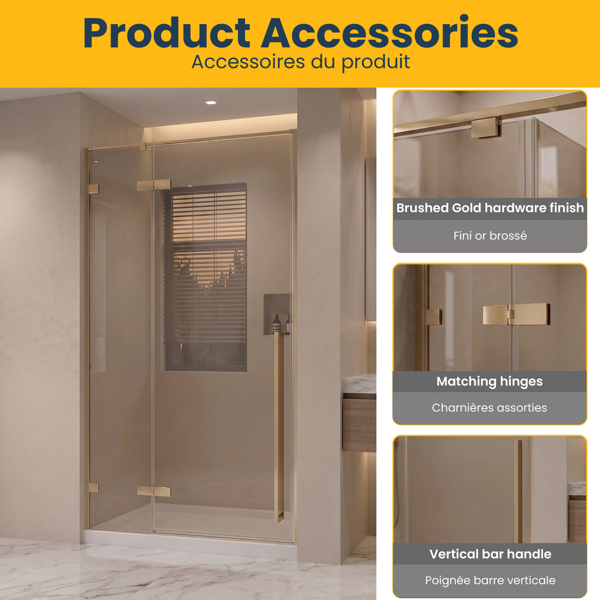 45.6"–46" W (Adjustable Width) x 79" H Frameless Reversible Pivot Shower Door in Brushed Gold with Brown Tinted Glass