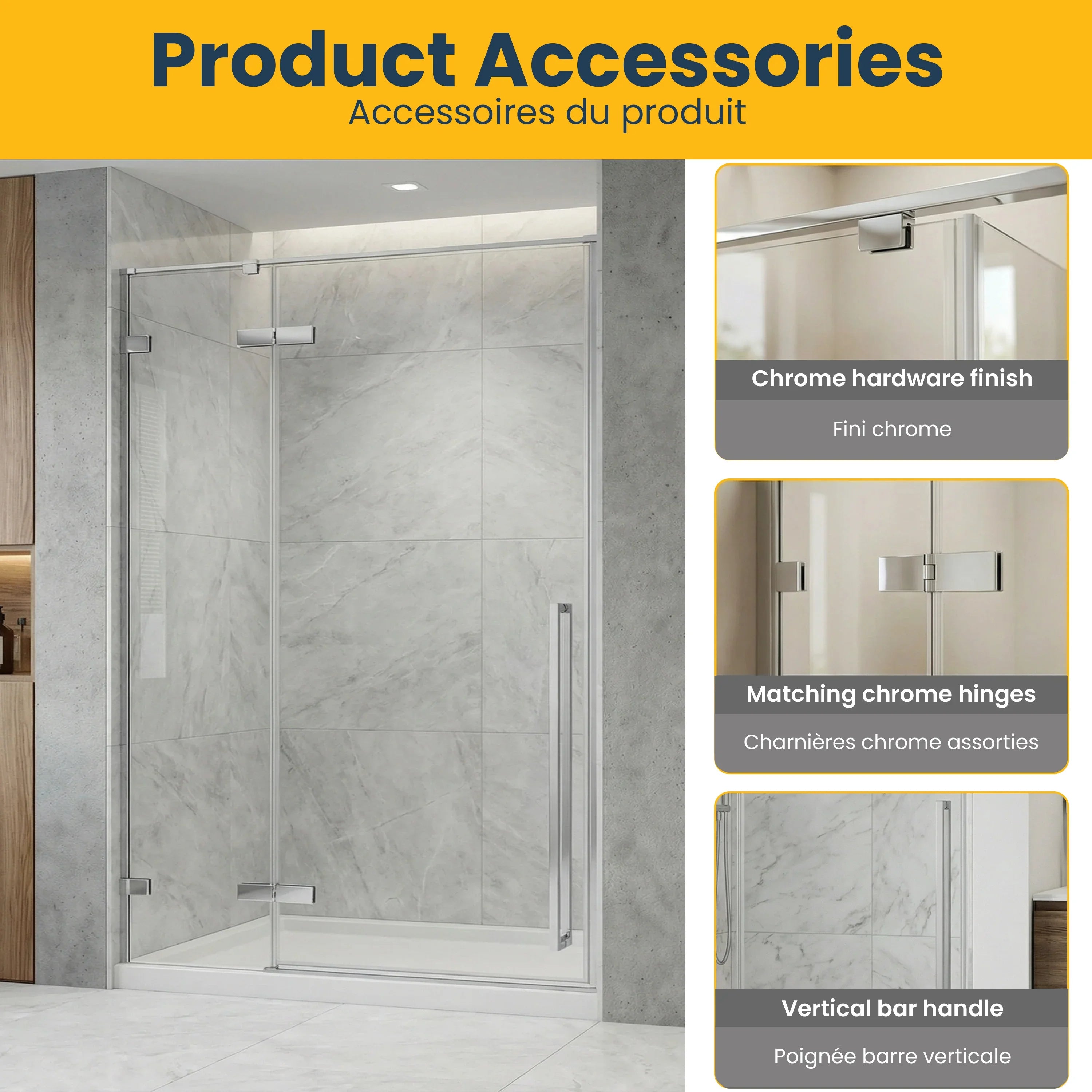 Porte de Douche Pivotante Réversible 60po x 79po en Chrome avec Verre Trempé Clair